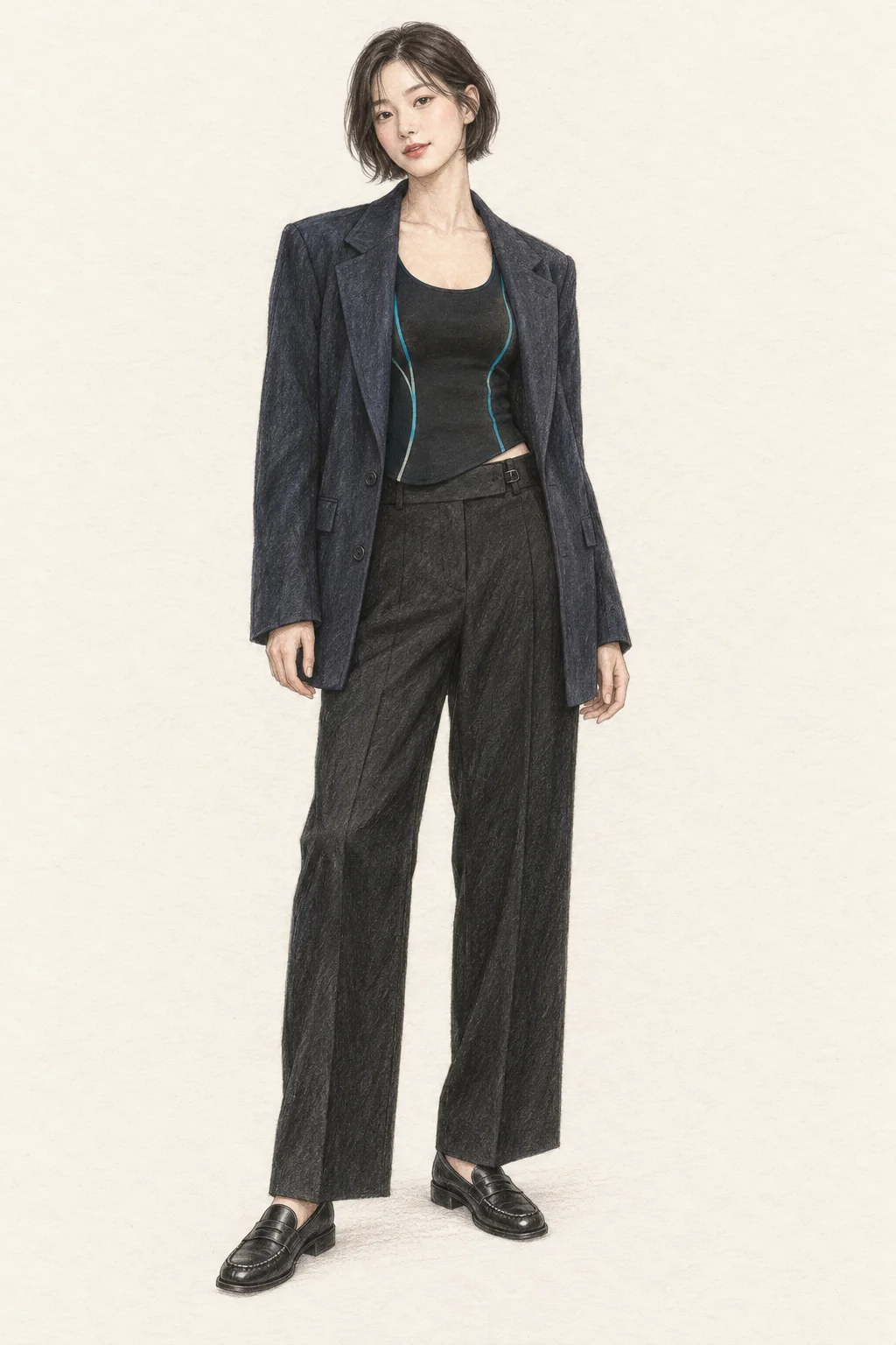Fictional young woman in a turquoise-piped black top, open navy blazer, wide black trousers and loafers.