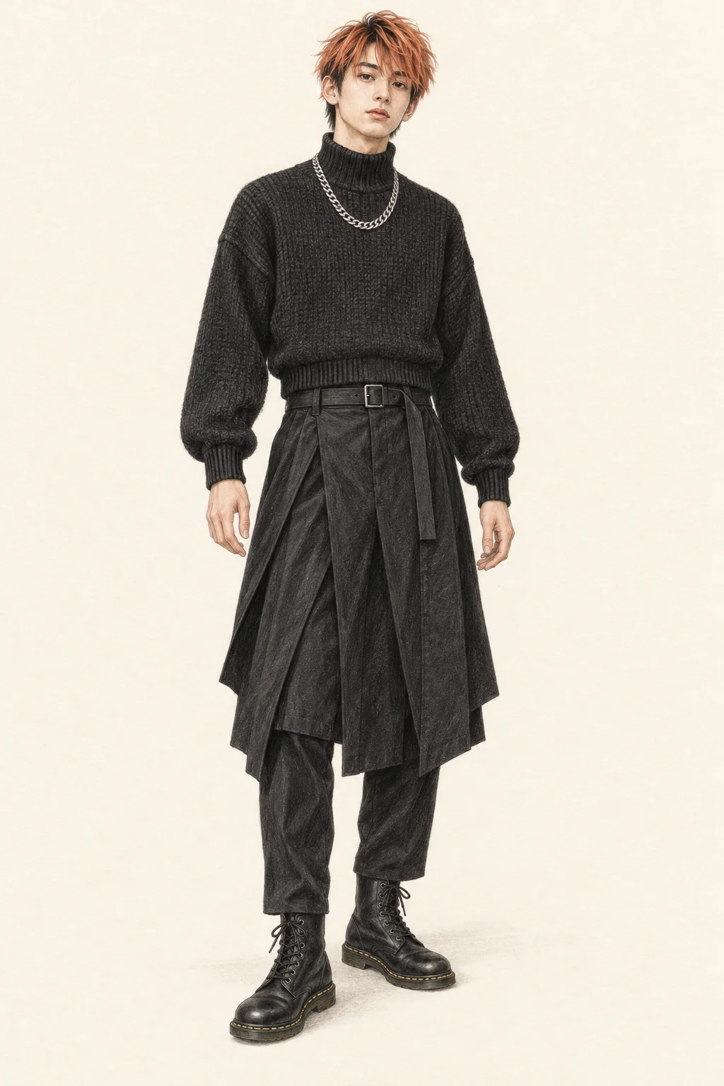 Full-length coloured-pencil portrait of a young man in a black cropped knit, layered hakama-inspired trousers, silver chain and black boots.