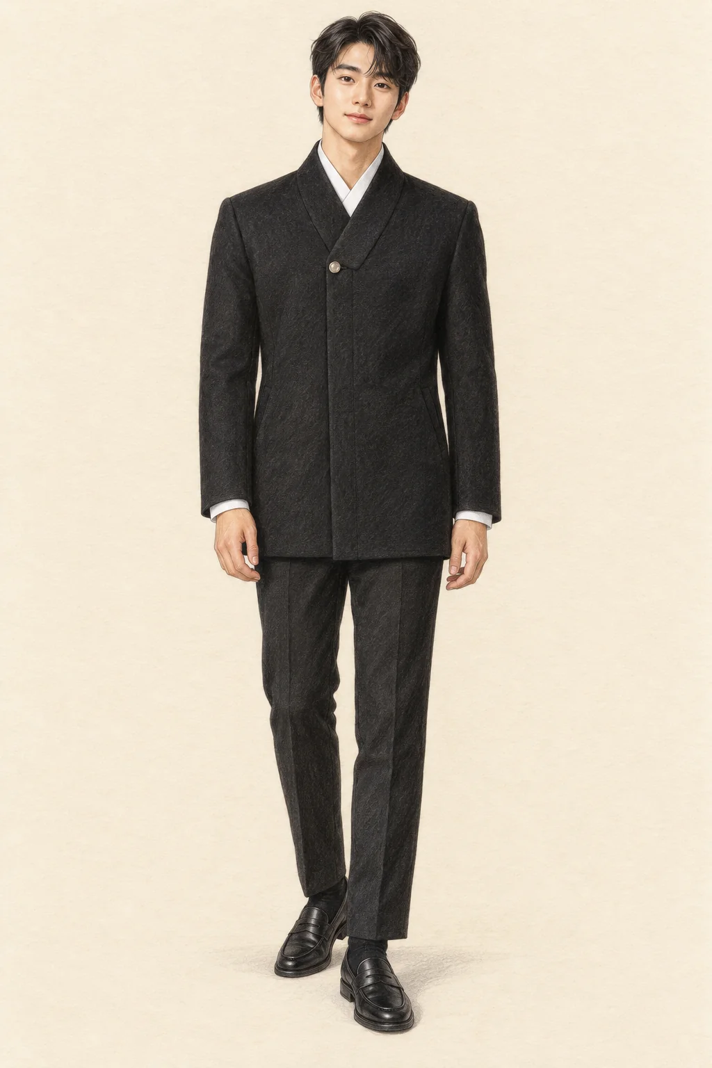 Full-length coloured-pencil portrait of a youthful man in a long black hanbok suit with a white crossed collar and black penny loafers.