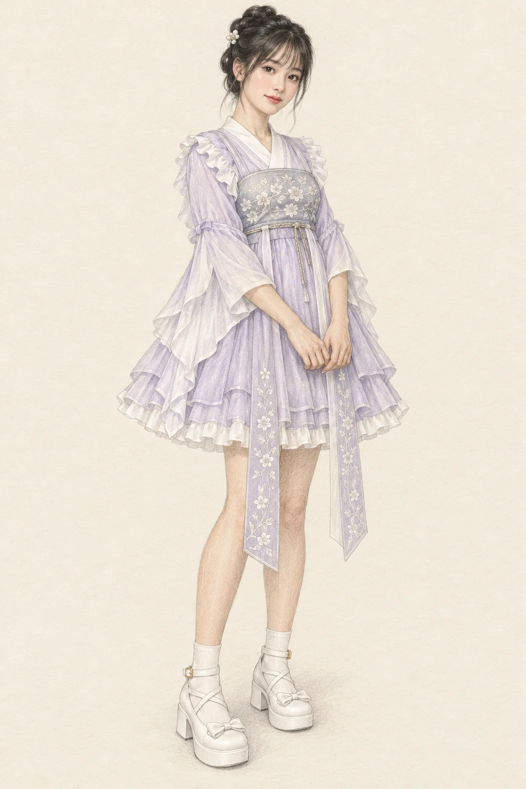 Colored-pencil figure in a lavender Hanfu-inspired Lolita coordinate with a short full skirt, long sash panels and white pumps.