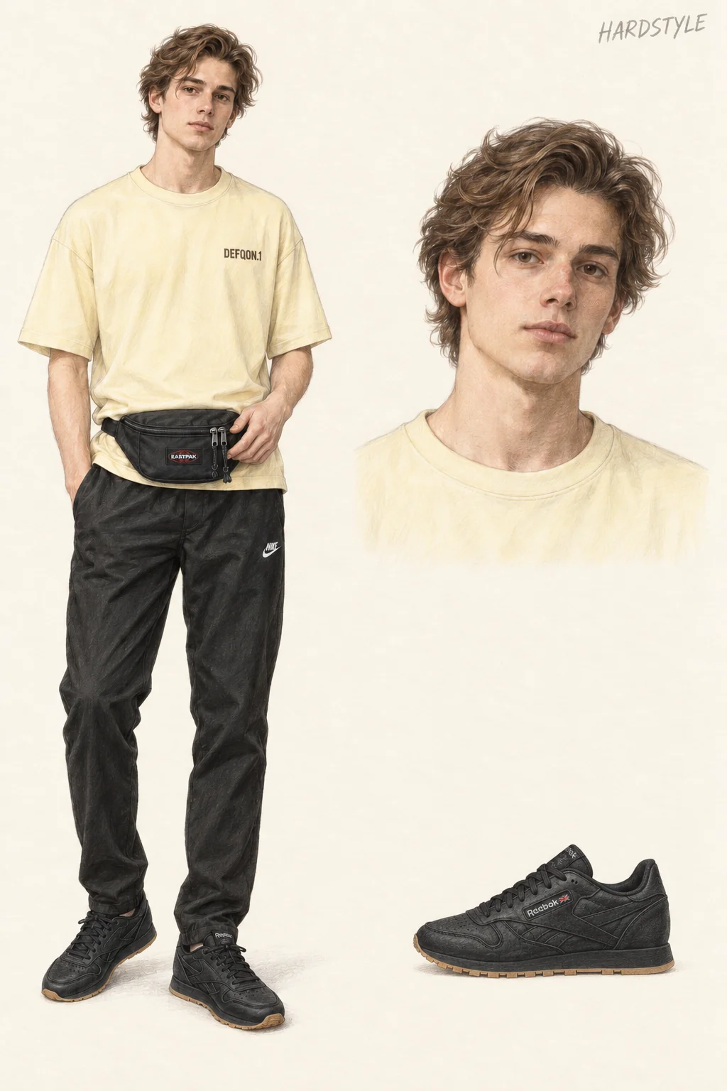 Colored-pencil sheet of a youthful man in a loose pale-yellow Defqon.1 tee, black tapered pants, waist bag and black-and-gum sneakers, with matching face and shoe studies.