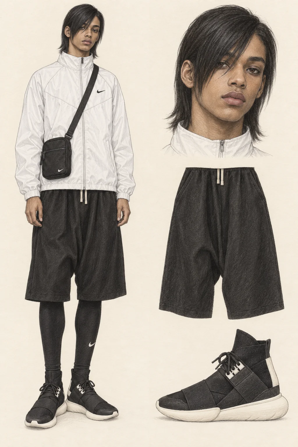 Youthful Health Gothcore fashion sketch: white shell, long black shorts and layered tights.