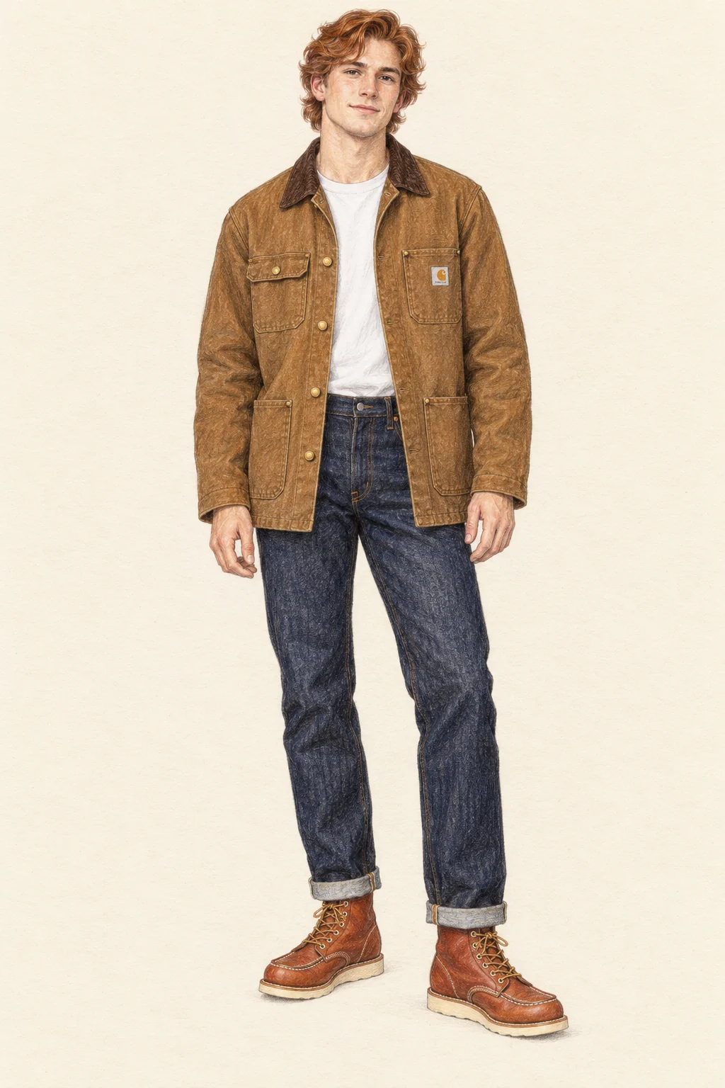 Realistic colored-pencil sketch of a young adult wearing a brown four-pocket chore coat, white crewneck tee, dark cuffed straight jeans and orange-brown moc-toe boots on warm ivory paper.