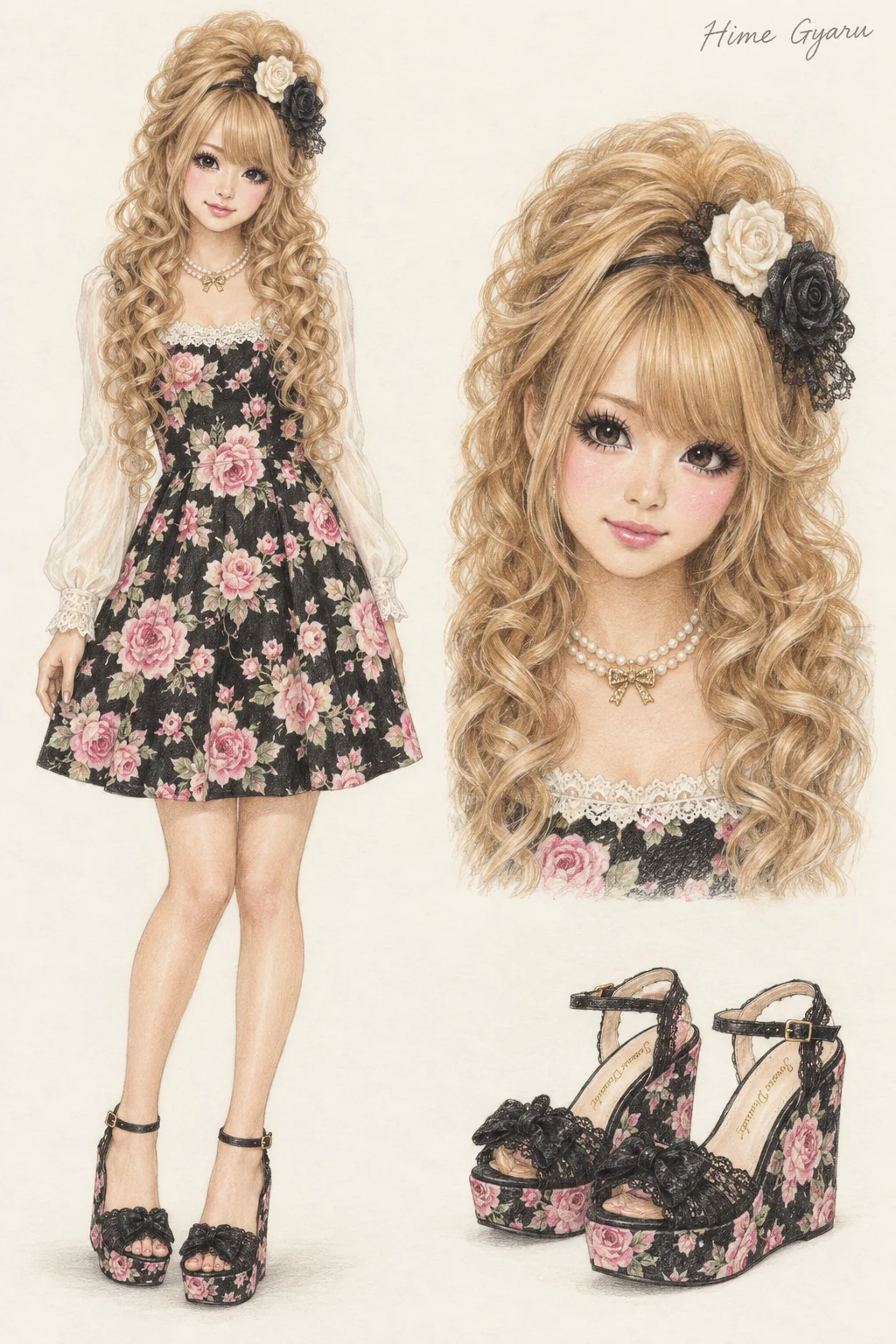 Colored-pencil fashion sketch of a youthful woman with high honey-blonde curls and doll-eye makeup, a black rose dress with ivory lace sleeves, rose headband, bead necklace and floral wedges; separate face and shoe studies.