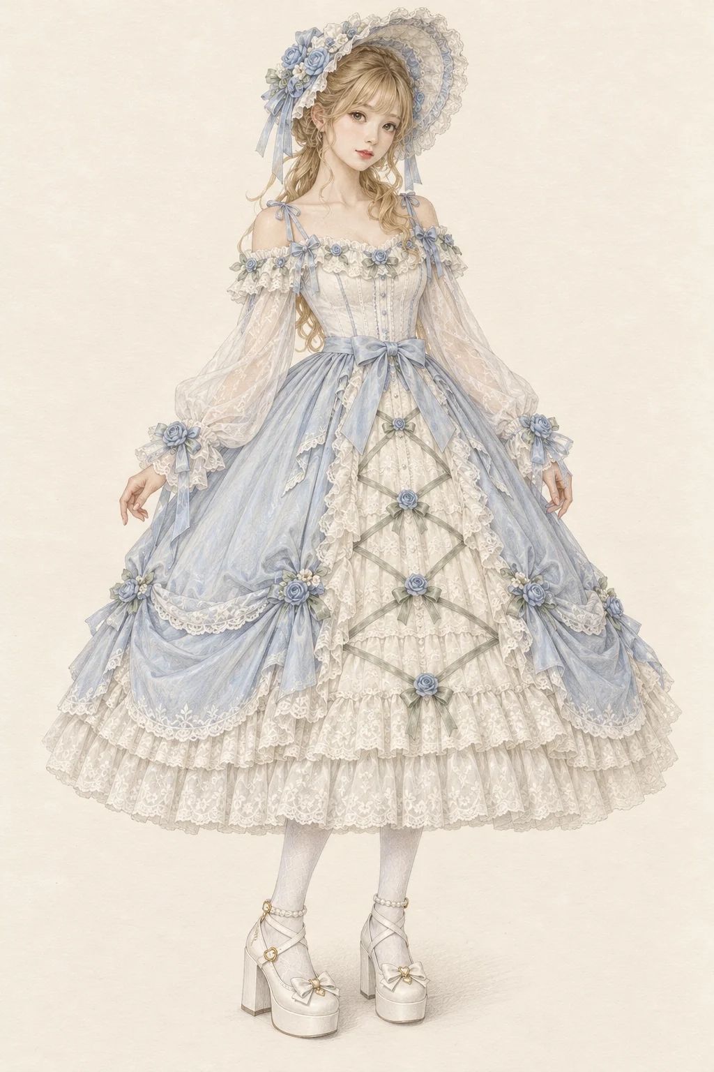 A woman in a powder-blue and ivory Hime Lolita dress, floral lace bonnet, wristcuffs and white bow platform shoes.