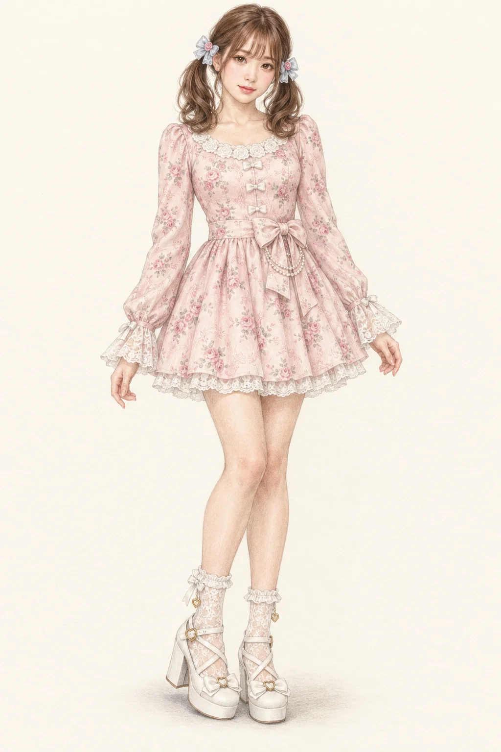 Colored-pencil portrait of a fictional young Japanese woman with softly curled brown twin tails, pink floral mini dress, lace socks and white strap pumps.
