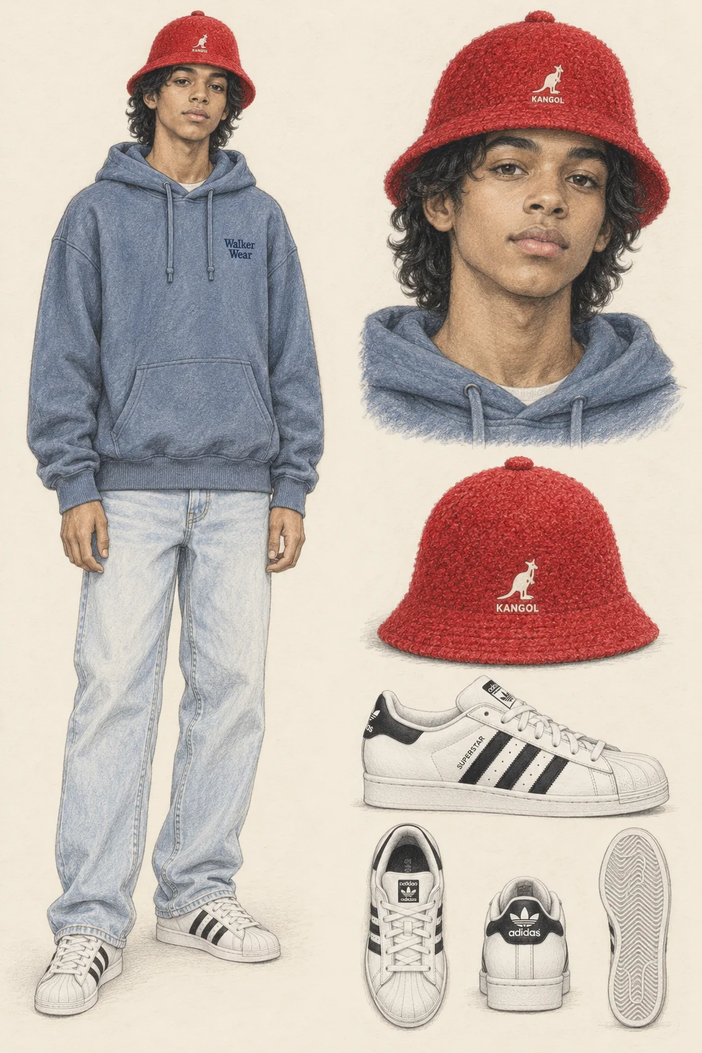 Youthful Hip-Hop fashion sketch: slate-blue fleece, pale loose denim and a scarlet bell hat.
