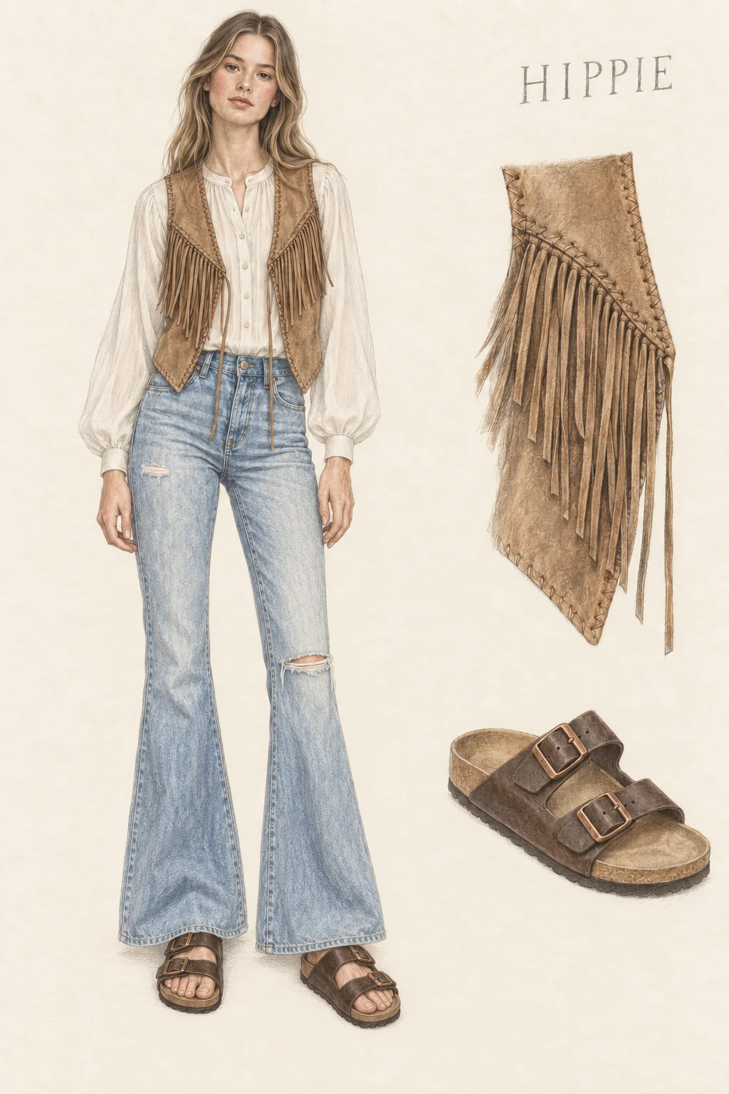 Coloured-pencil sketch of a slim young young woman with long centre-parted hair, white gathered blouse, tan fringe vest, faded flared jeans and brown sandals on ivory paper.