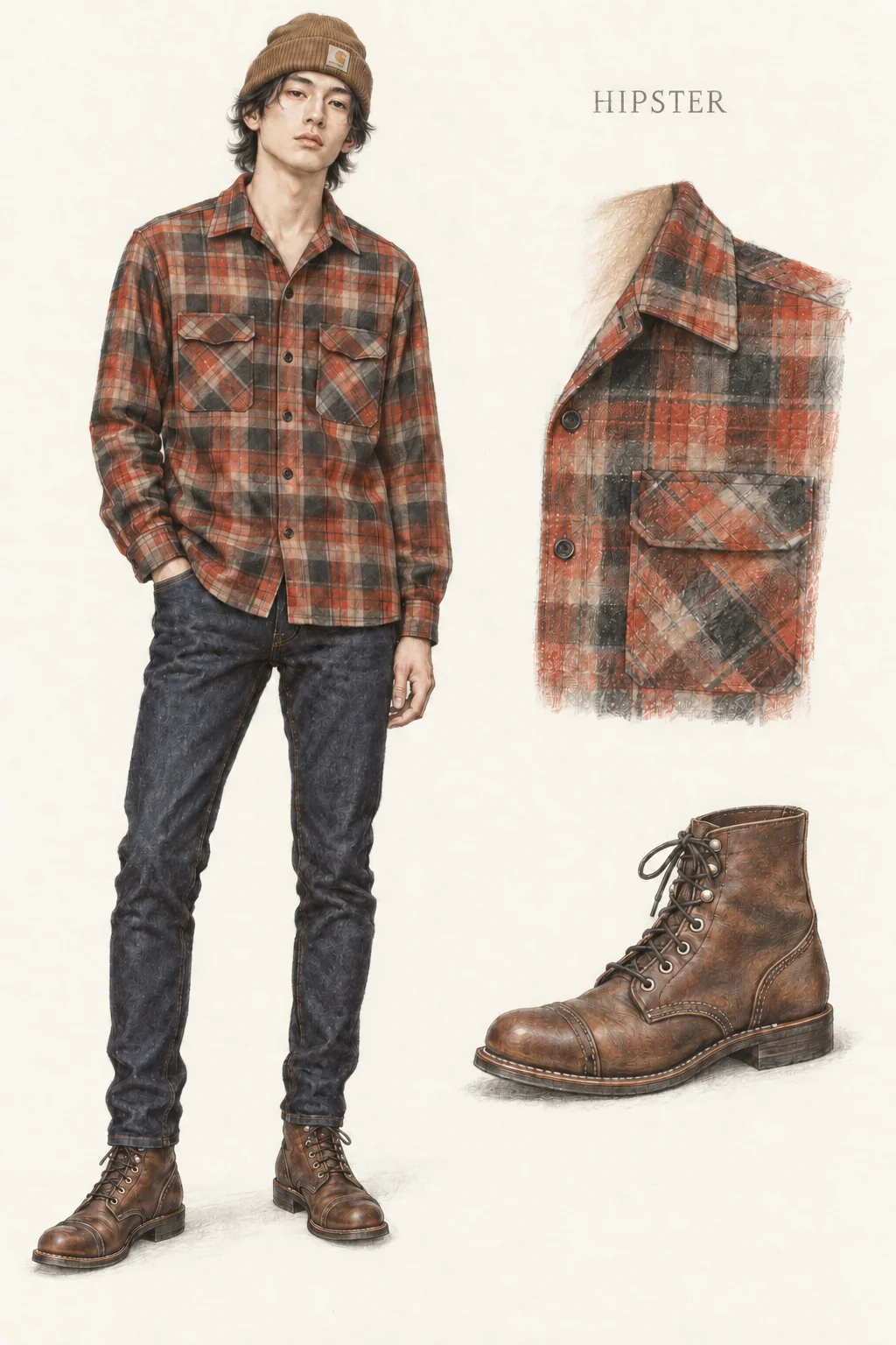 Detailed pencil sketch of a slim young young man with medium-length dark hair wearing a warm plaid shirt, ochre beanie, dark jeans and brown lace-up boots on ivory paper.