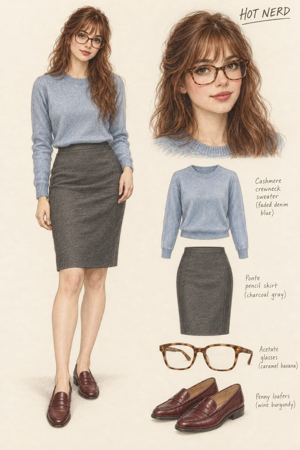 Full-length colored-pencil fashion sketch on warm ivory paper. Youthful soft face, long loosely waved auburn hair with airy fringe, warm cocoa lash definition, rose cheeks and muted berry lips behind clear caramel frames. Natural slim frame and softly shaded slender legs. Faded-blue plain fine crewneck, charcoal knee pencil skirt, wine penny loafers and fuller caramel tortoiseshell glasses. Full figure, both loafers, hair and relaxed hands preserved in the clean exact crop.