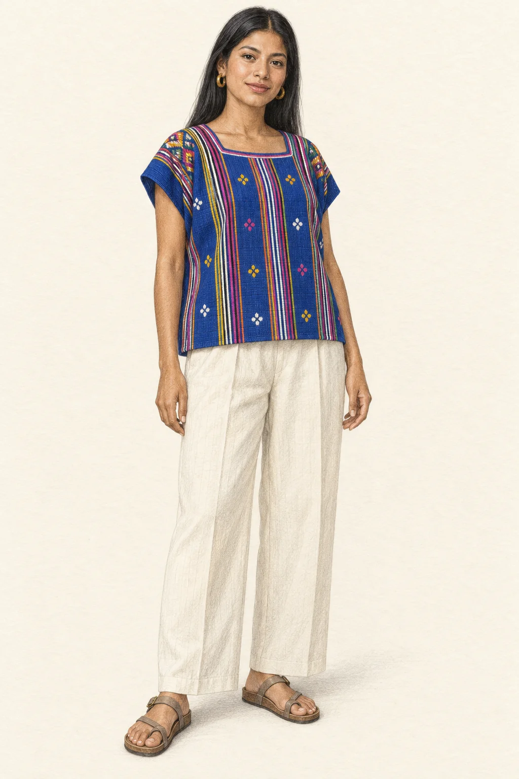 Full-length pencil illustration of a young Mexican woman in a blue striped huipil blouse, cream wide trousers and taupe sandals.