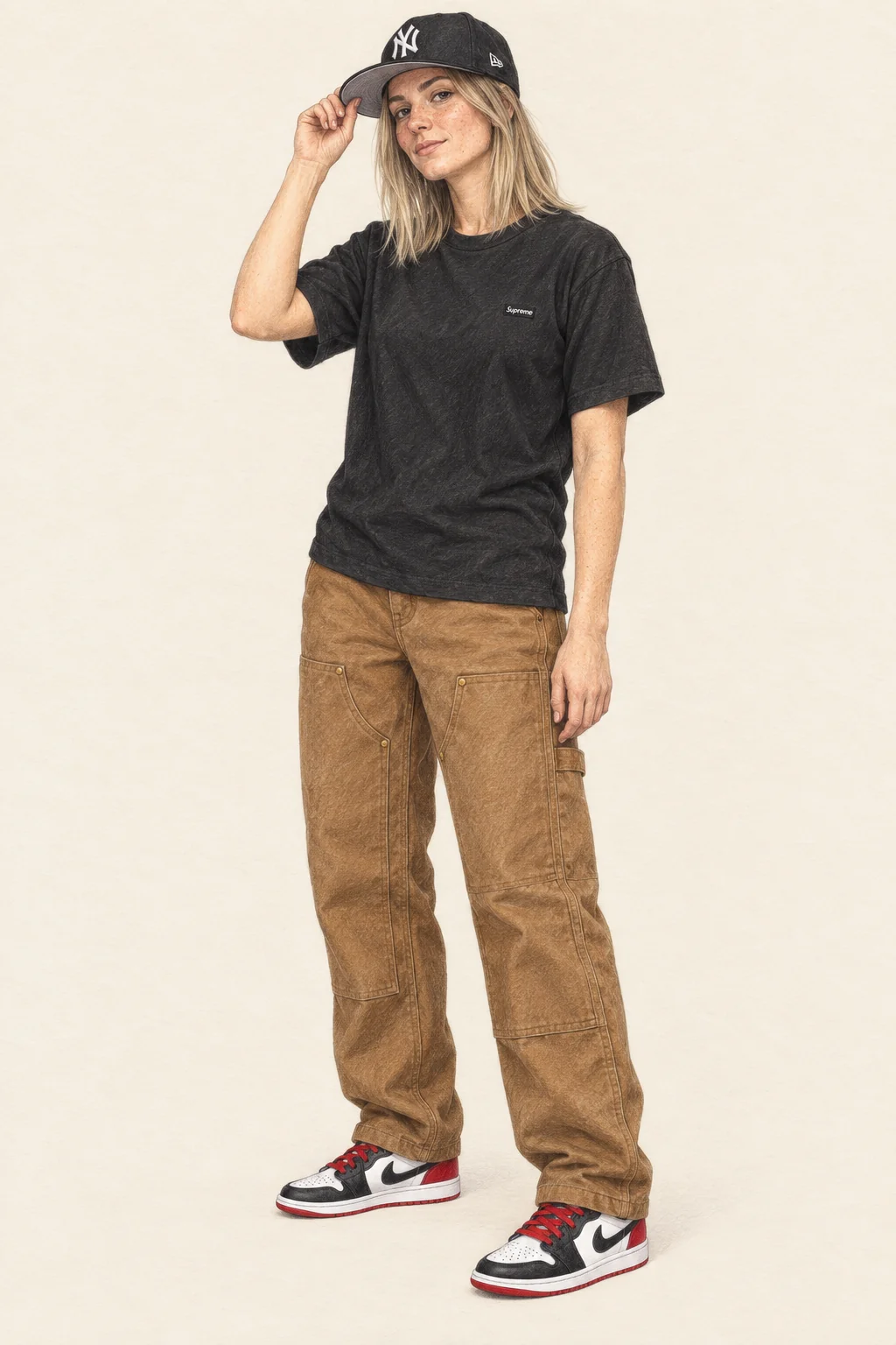 Detailed colored-pencil full-body portrait on ivory paper wearing a black small-logo tee, brown double-knee trousers, red-white-black low sneakers and a black Yankees fitted cap.