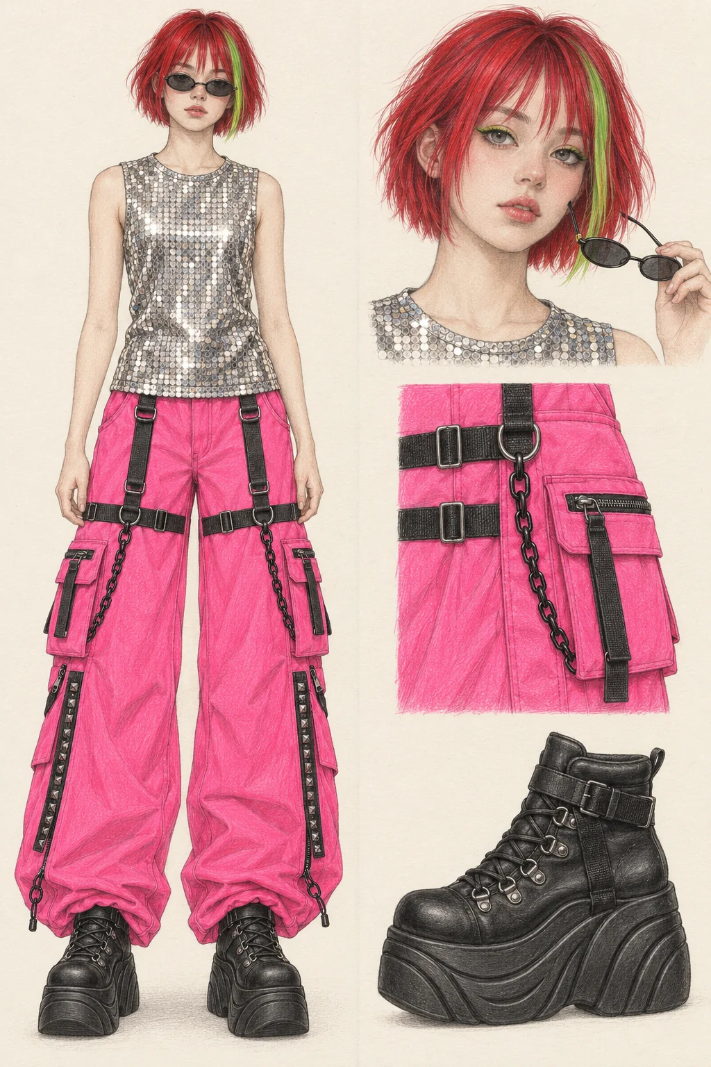 Youthful Hyperpopcore fashion sketch: silver sequins, neon-pink cargos and sculpted black platforms.