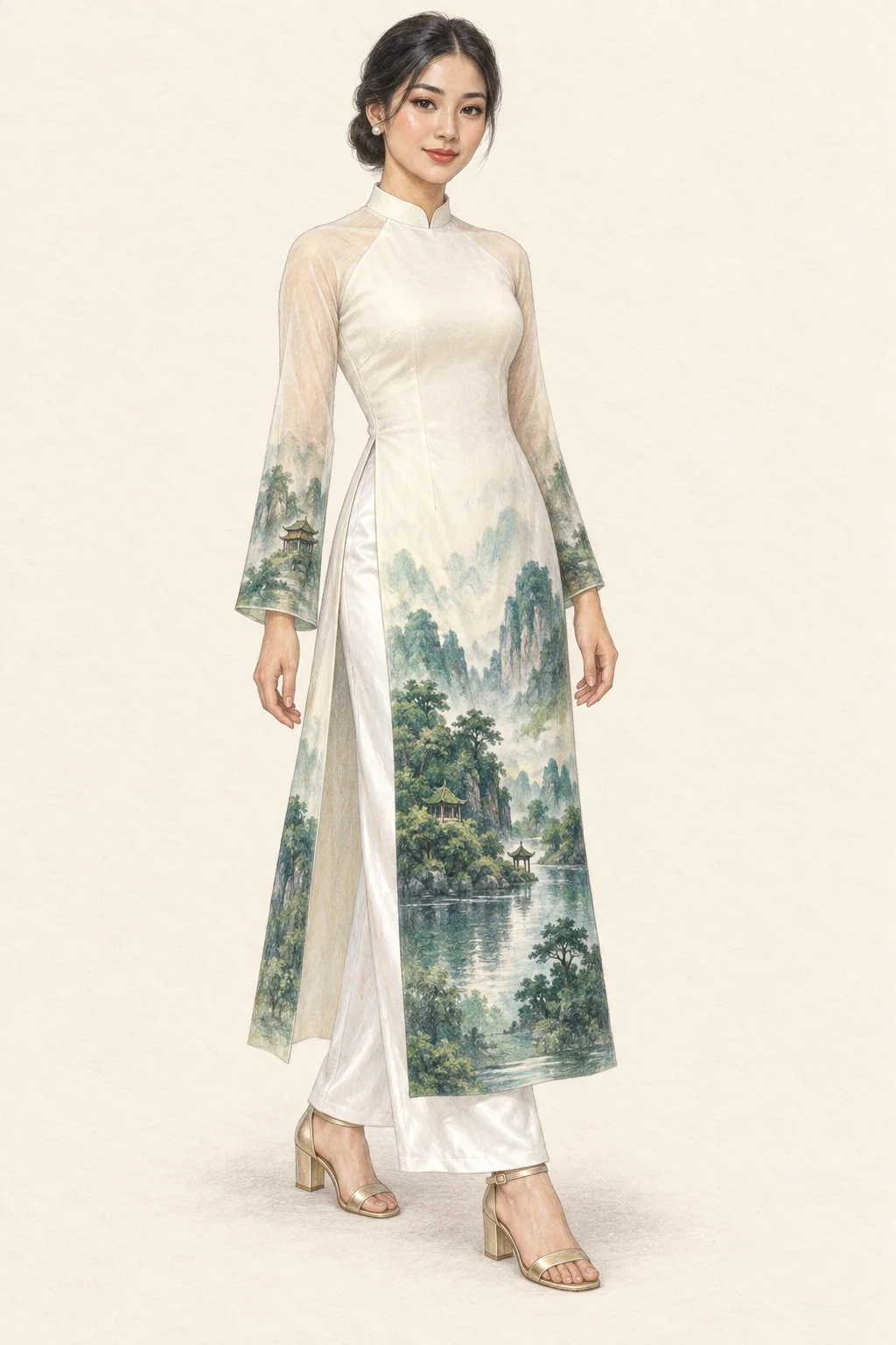 Fictional woman in an ivory and green landscape áo dài over white trousers with gold sandals.