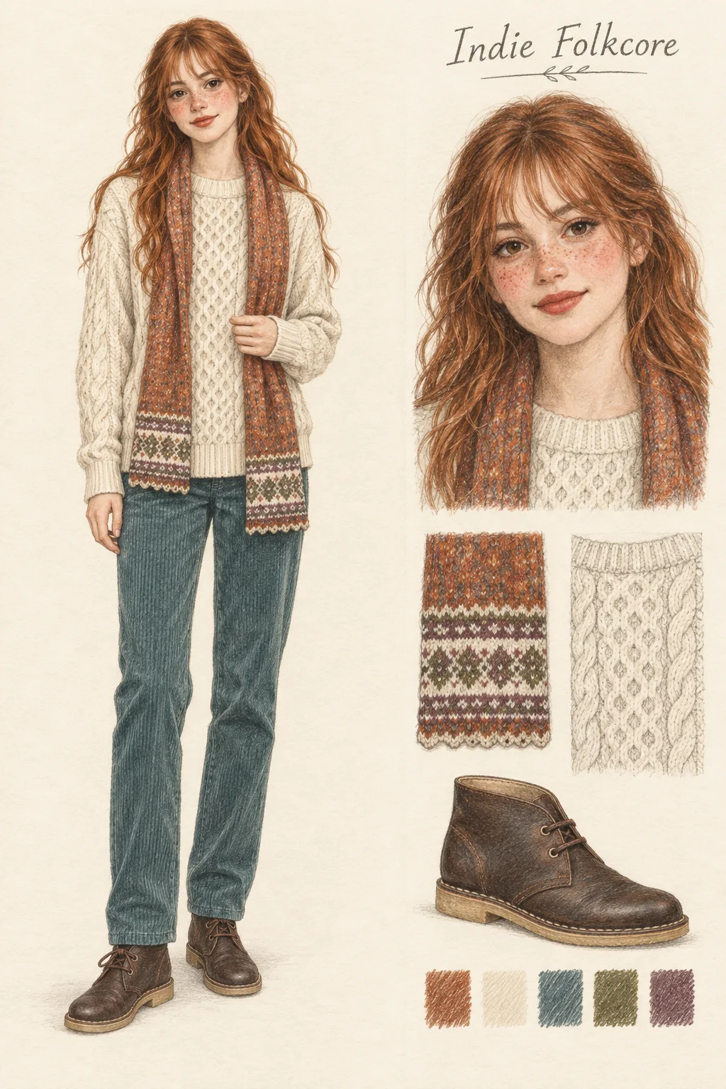 Full-length colored-pencil fashion sketch on warm ivory paper. Youthful freckled face, long copper-red waves and wispy fringe, soft rose cheeks and muted rosy lips. Main figure and portrait agree. Cream cable/honeycomb crewneck, long copper patterned scarf, sea-green straight cords and plain brown two-eyelet ankle boots. Both hands, all hair, both scarf ends and both complete shoes visible within the crop. Separate face and clothing studies at right.