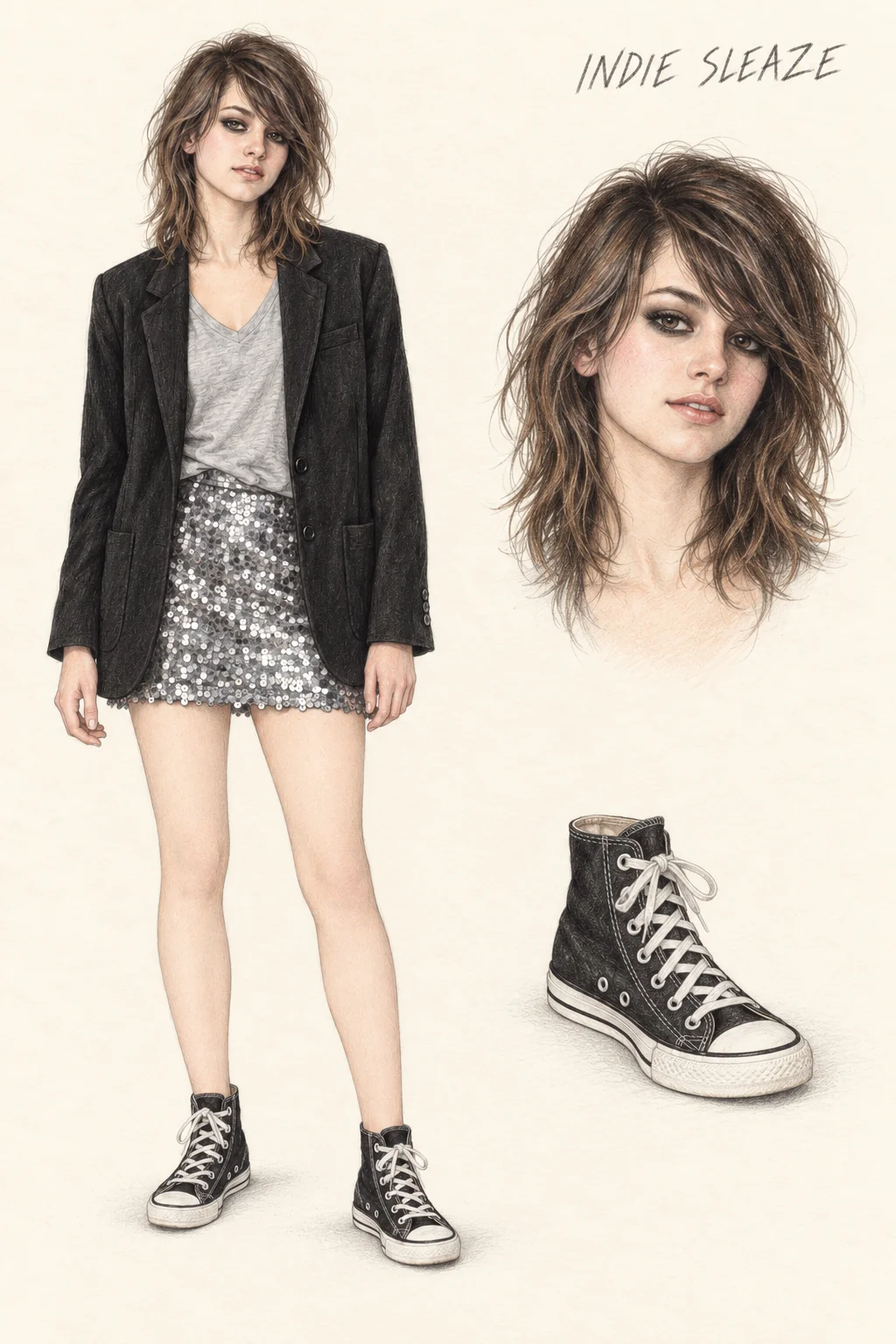 Indie Sleaze colored-pencil sketch sheet with a youthful shag-haired woman in a grey V-neck, black blazer, silver sequin mini and black canvas high-tops, plus matching smoky-eye portrait and sneaker study.