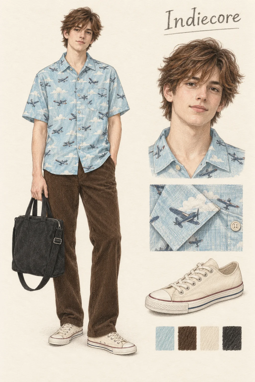 Full-length colored-pencil fashion sketch on warm ivory paper. Youthful clean-shaven face, loose chestnut ear-and-nape shag, soft side fringe and natural lips/brows. Full figure and portrait agree. Aqua aircraft/cloud short-sleeved pocket shirt, dark brown straight cords, cream rubber-toe canvas low shoes and black zip tote with short handles/adjustable strap. Figure, bag/strap, visible fingers and both complete shoes fit in the crop. Separate face and clothing studies at right.