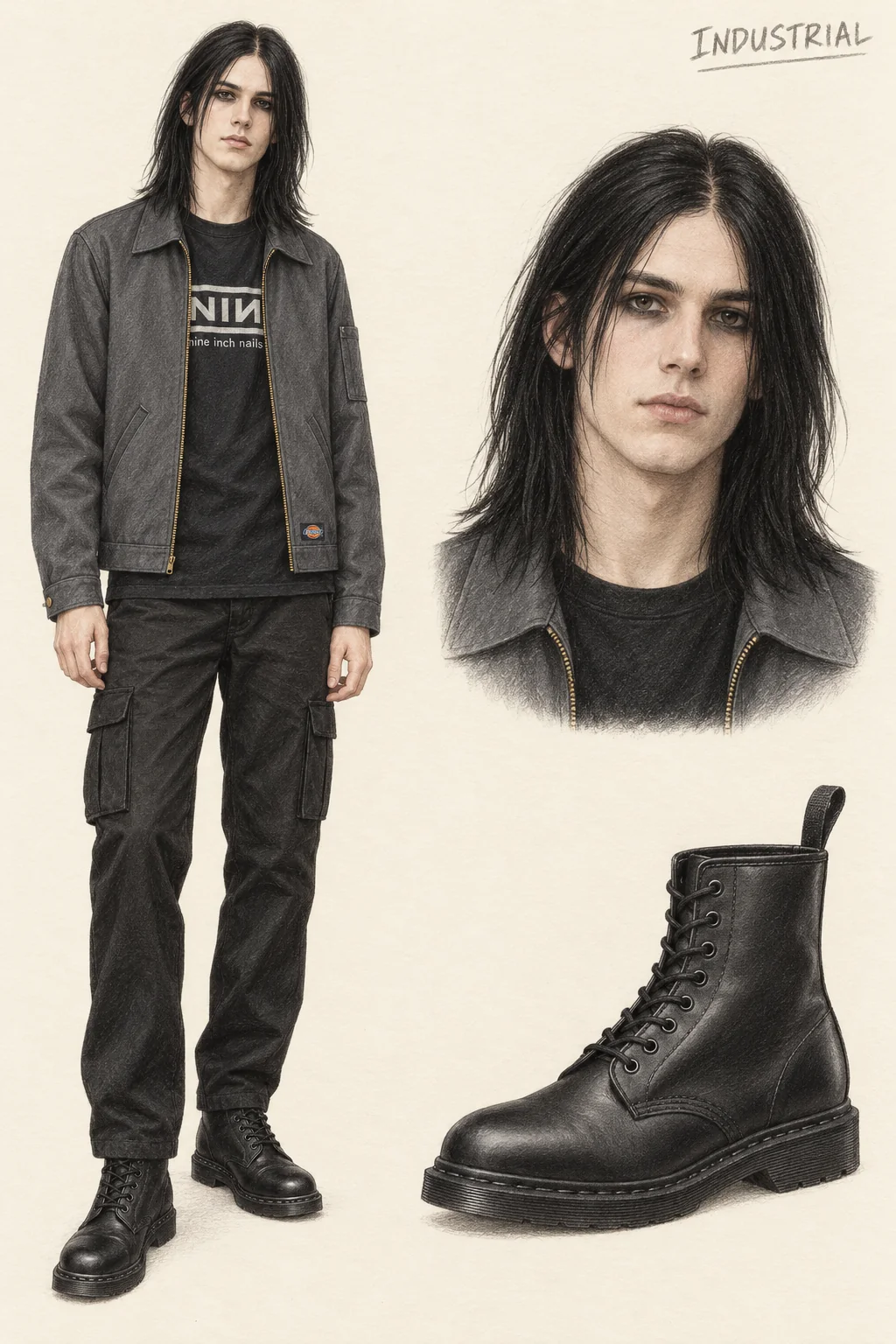 Colored-pencil sheet of a youthful man with shoulder-length straight black hair and charcoal eyeliner, open charcoal jacket, black Nine Inch Nails tee, black cargo trousers and black leather boots, with matching portrait and boot study.