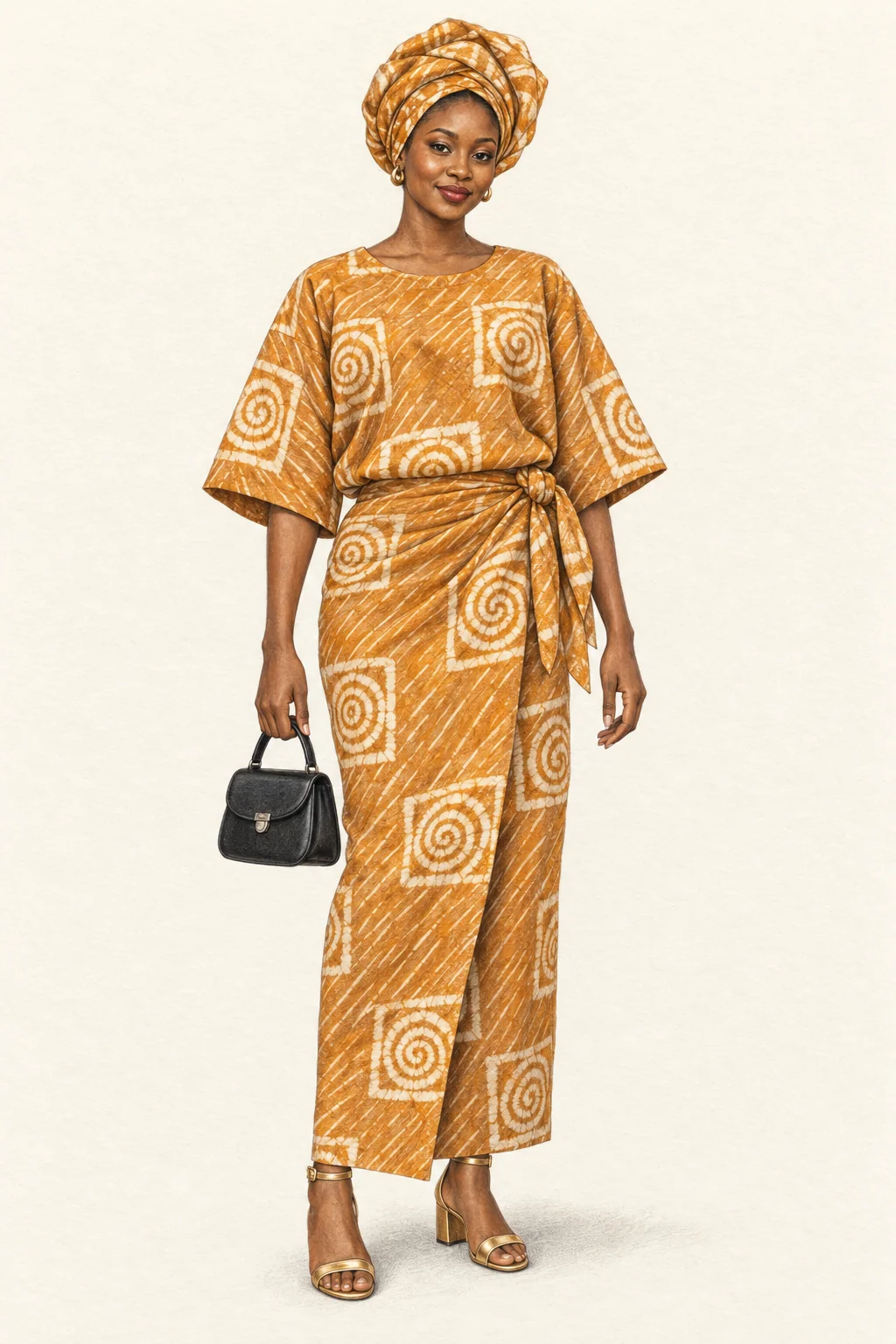 Detailed pencil portrait of a young Nigerian woman in an orange adire buba and long tied wrapper, matching headwrap, gold sandals and black bag.