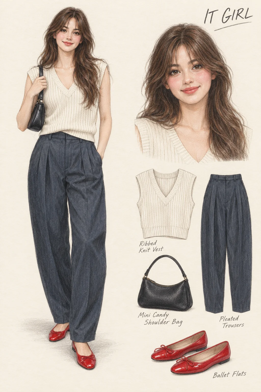 Full-length colored-pencil fashion sketch on warm ivory paper. Youthful softly rounded face, chestnut waves and curtain fringe, fine brown eyeliner, rosy cheeks and coral-rose lips. Natural slim proportions under relaxed trousers. Off-white rib V vest, dark blue-charcoal pleated curved trousers, compact black shoulder bag and red patent bow ballet flats. Exact crop includes both complete shoes and the entire shoulder bag, hair and arms; matching face and four studies stay right.