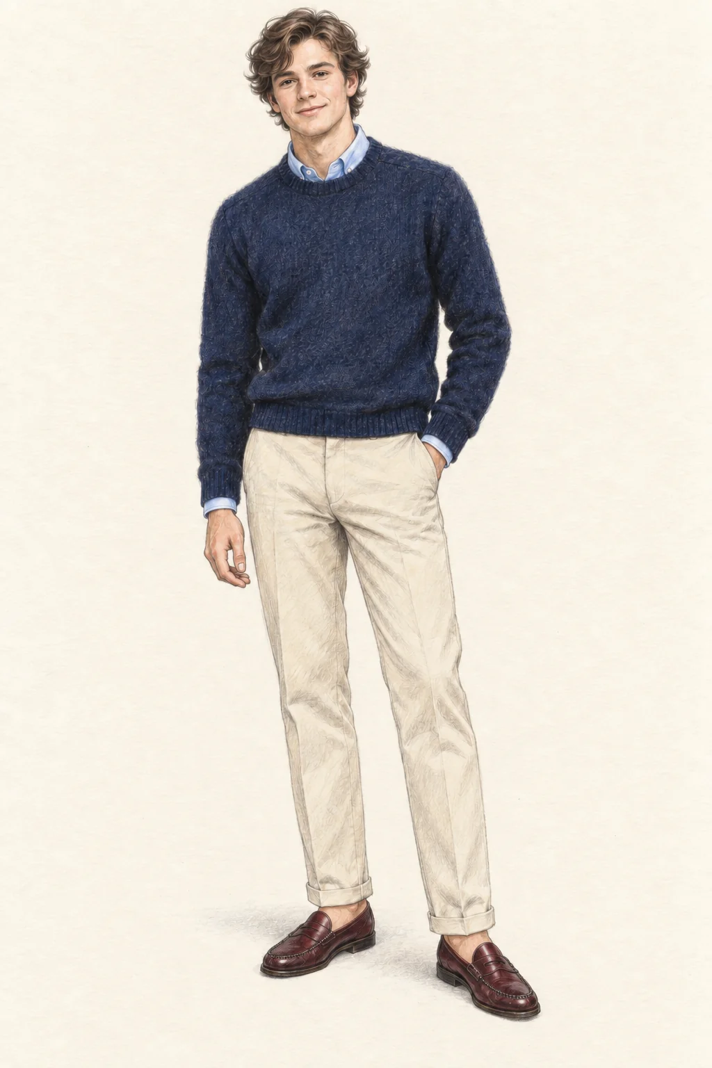 A young adult in a navy crewneck sweater over a pale blue shirt, pale cuffed chinos and wine penny loafers, drawn in graphite and colored pencil on warm ivory paper.