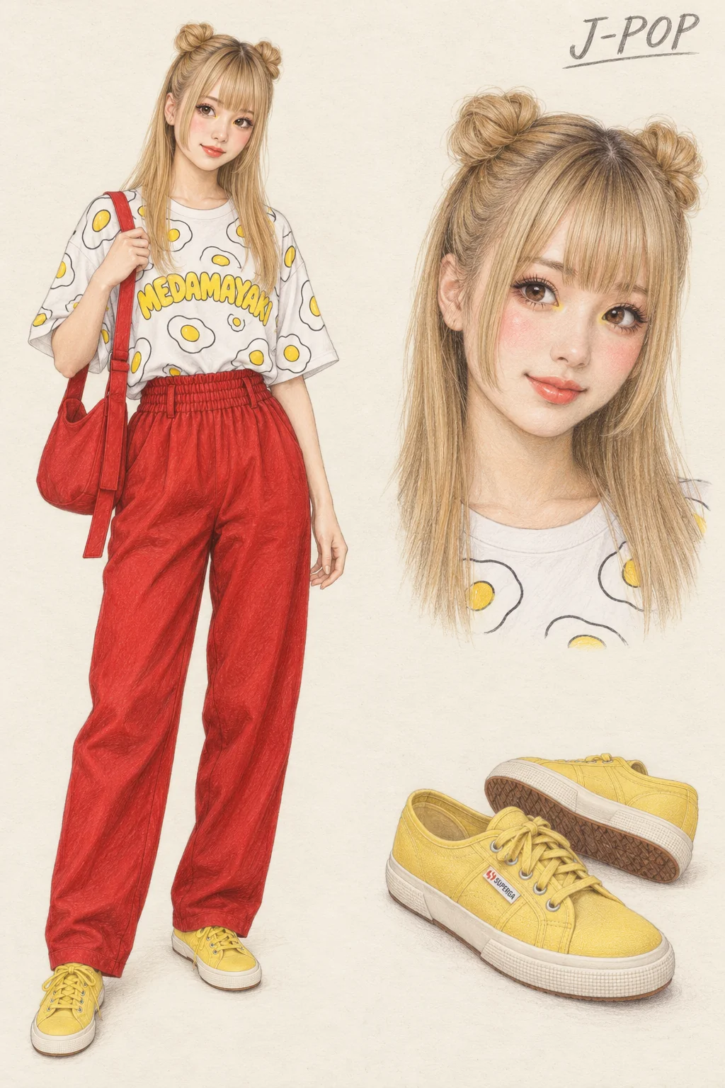 Colored-pencil fashion sketch for J-Pop: fried-egg graphics with red and yellow casual color, with a youthful fictional character, separate face study and footwear detail.