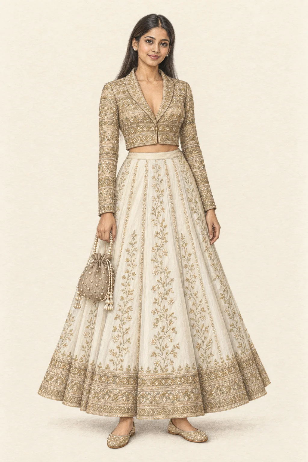 Fictional young woman in an ivory and gold embroidered cropped jacket with full lehenga, pearl potli and flat gold shoes.