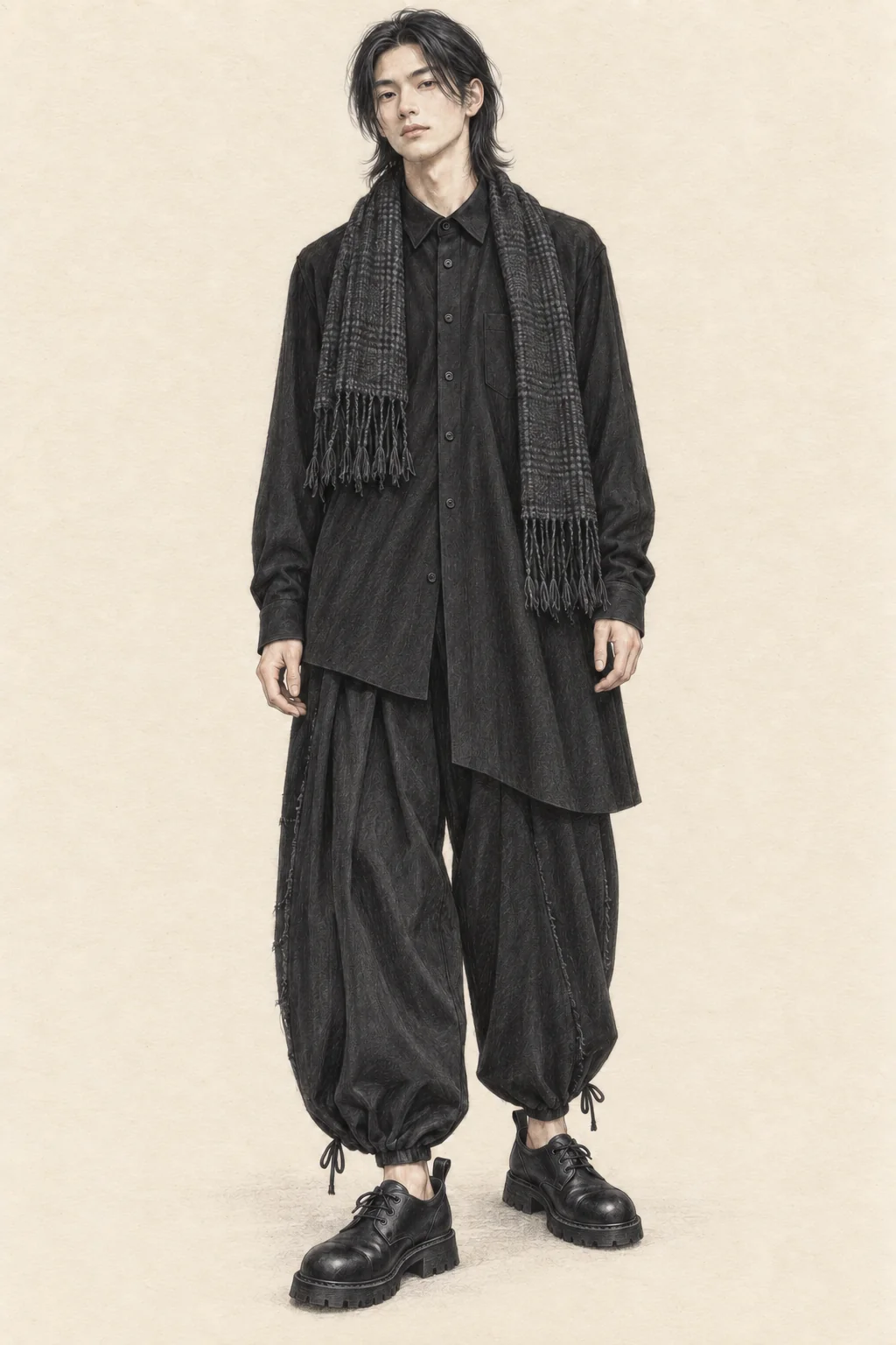 Detailed colored-pencil sketch of a young adult in a black asymmetric long shirt, rounded gathered black trousers, charcoal fringed checked stole and substantial black lace-up shoes on warm ivory paper.