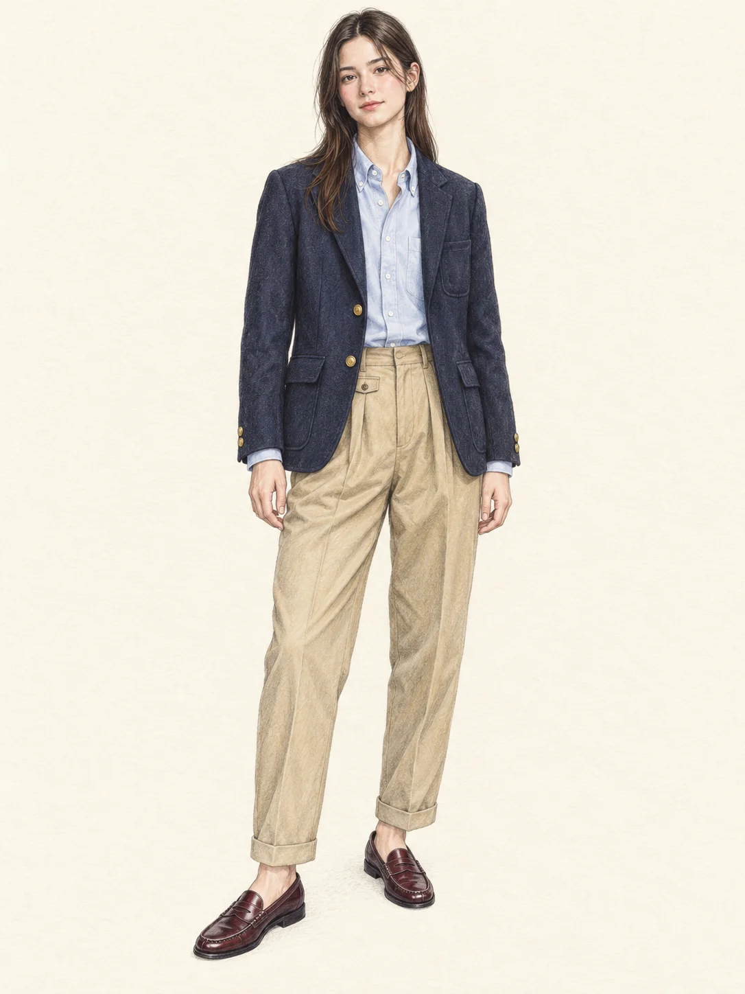 Colored-pencil full-length portrait of a young adult in a navy blazer, pale blue button-down shirt, beige pleated cuffed chinos and wine penny loafers on ivory paper.