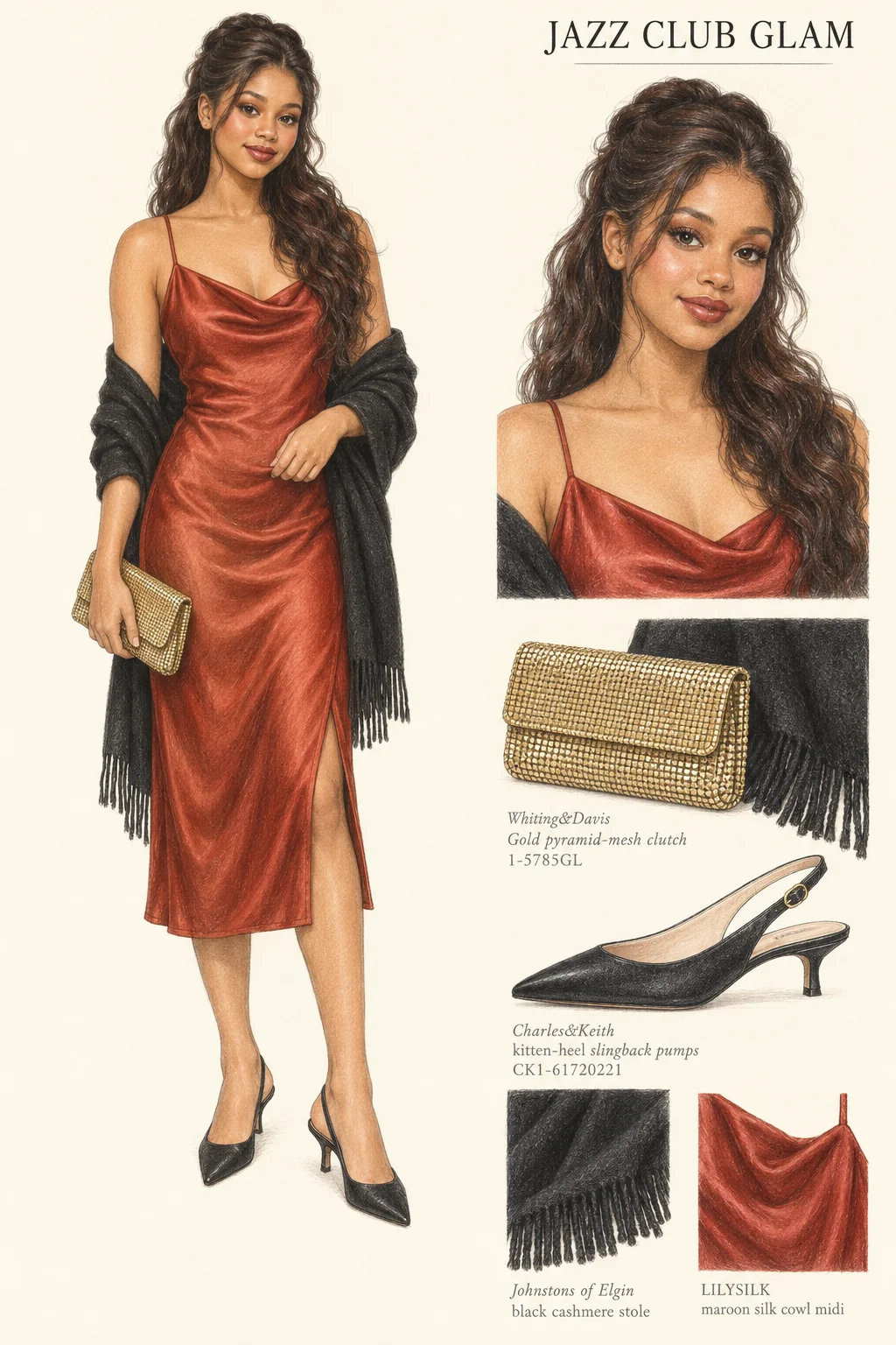 Detailed colored-pencil Jazz Club Glam sheet on warm ivory paper. Copper silk, a black cashmere stole and low gold-accented evening shoes. Complete youthful fictional figure at left with a matching face and item studies at right.