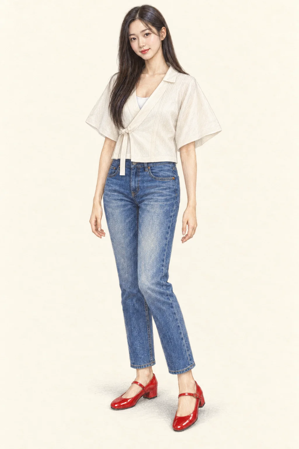 Colored-pencil portrait of a fictional young Korean woman with long dark hair, ivory cropped jeogori over a white camisole, straight blue jeans and red Mary Janes.