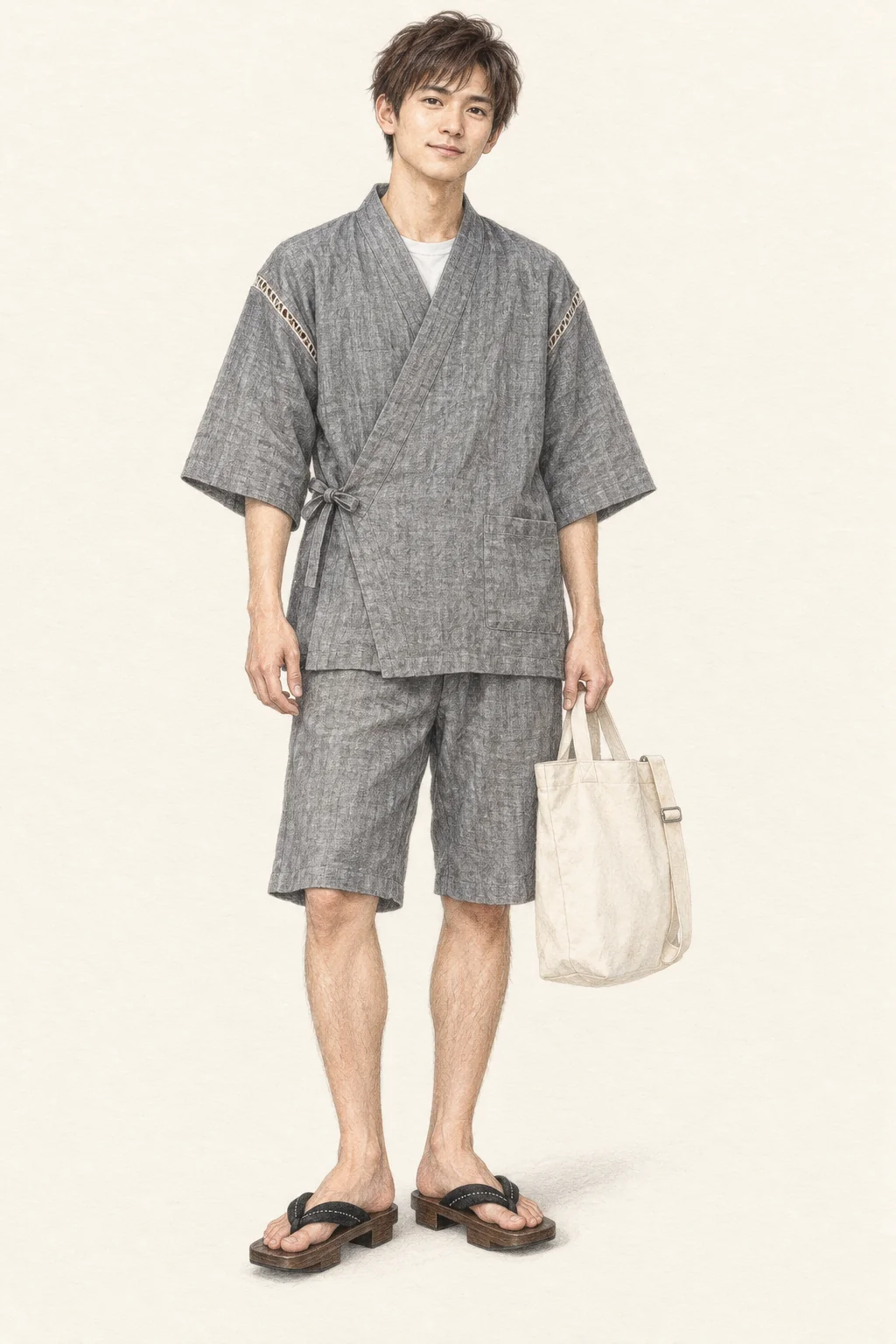 Full-length coloured-pencil portrait of a young adult man in a grey jinbei shorts set, white tee and black wooden sandals carrying a canvas tote.