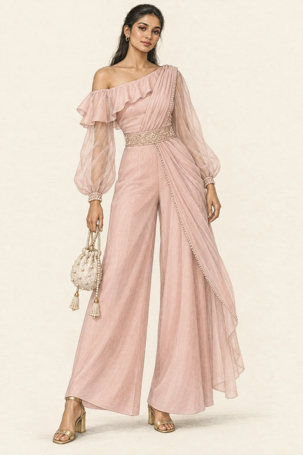 Fictional Indian woman in a blush ruffled jumpsuit-sari, pearl potli and gold sandals.