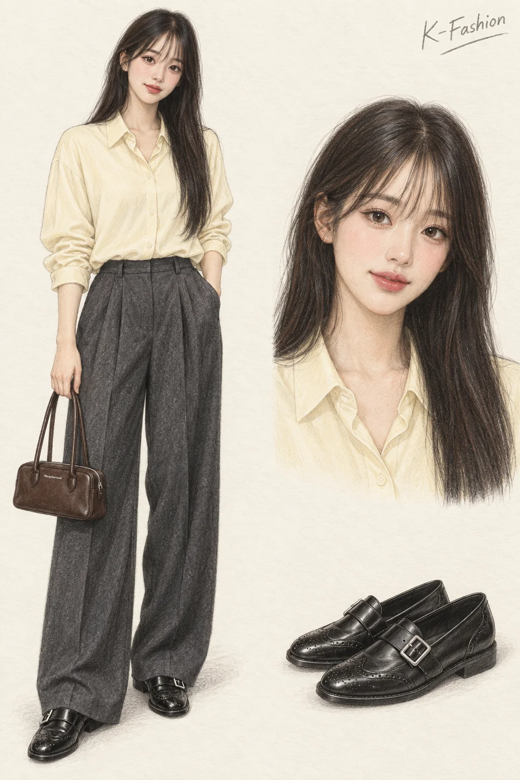 Colored-pencil fashion sketch of a youthful dark-haired woman with wispy bangs, butter shirt, wide charcoal pleated trousers, black buckled loafers and sepia handbag; separate face and loafer studies.