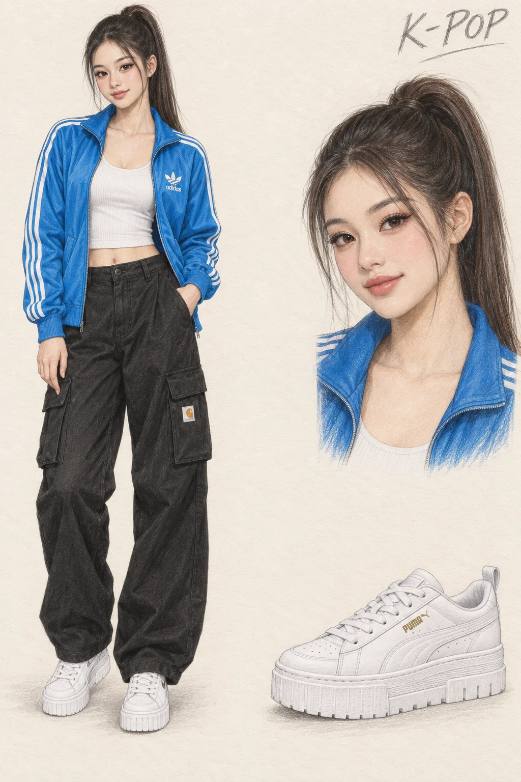 Colored-pencil fashion sketch for K-Pop: blue track layers and a polished ponytail, with youthful fictional character and separate face and footwear studies.