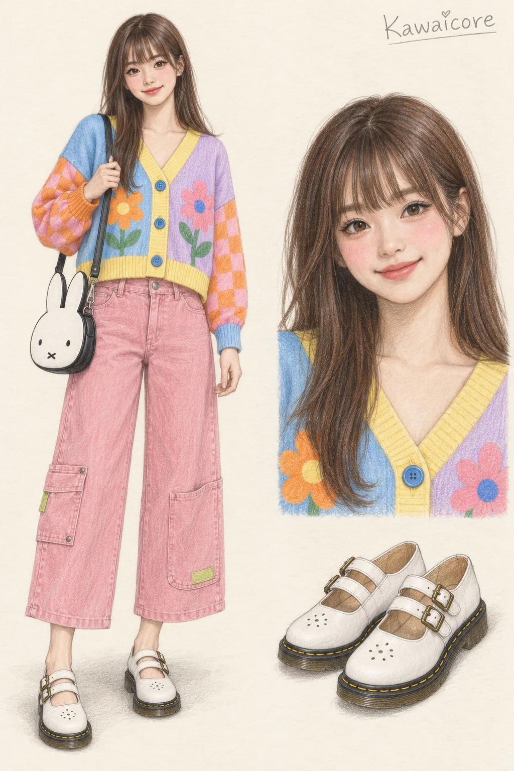 Colored-pencil fashion sketch of a youthful chestnut-haired woman in a bright flower cardigan, pink wide cropped utility trousers, white double-strap shoes and a Miffy face bag; separate face and shoe studies.