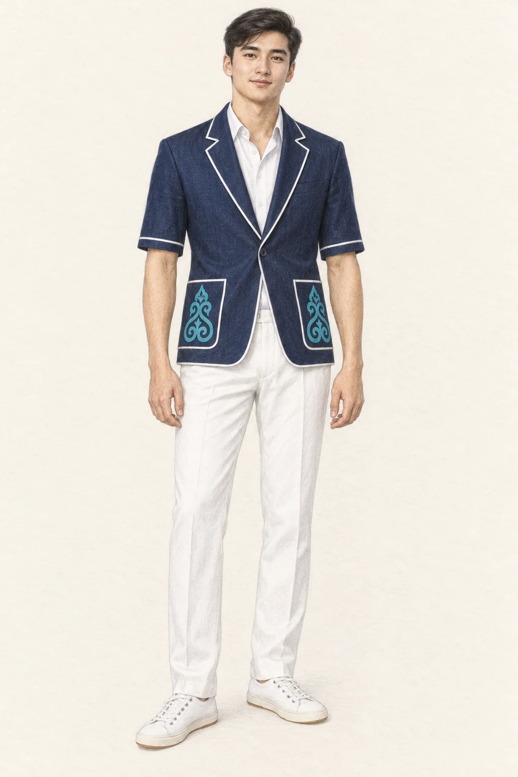 Fictional Kazakh man in a navy ornamented short-sleeved blazer, white trousers and canvas shoes.