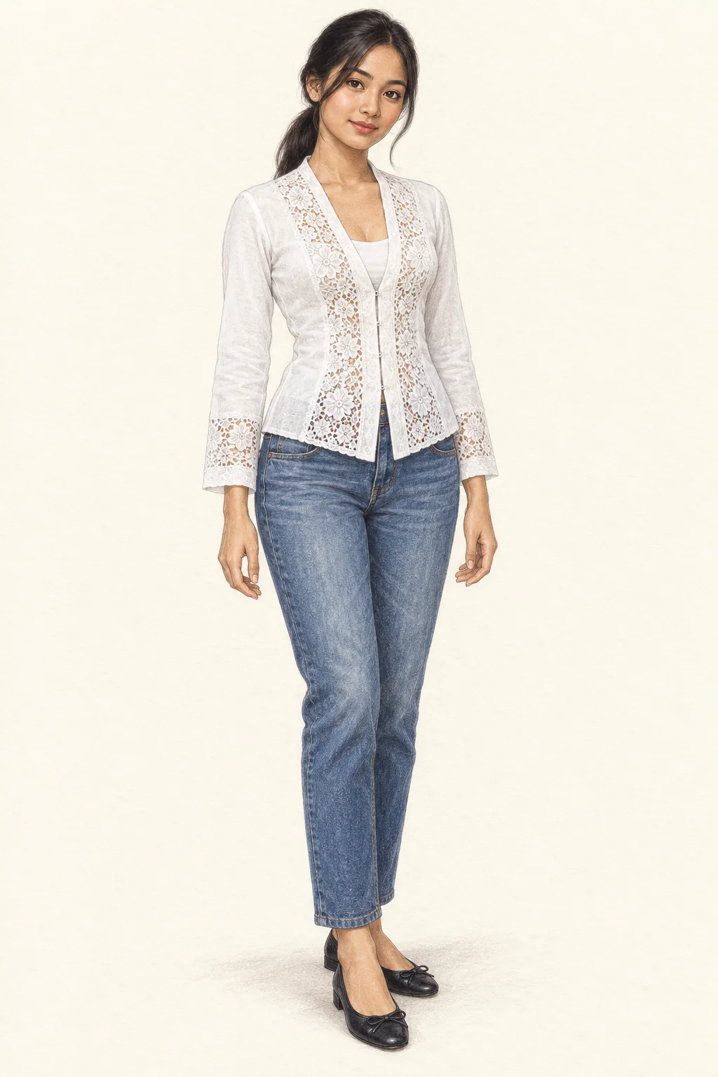 Colored-pencil full-length portrait of a fictional young Indonesian woman with a low dark ponytail, white lace-panel kebaya over a camisole, indigo jeans and black low-heeled bow pumps.