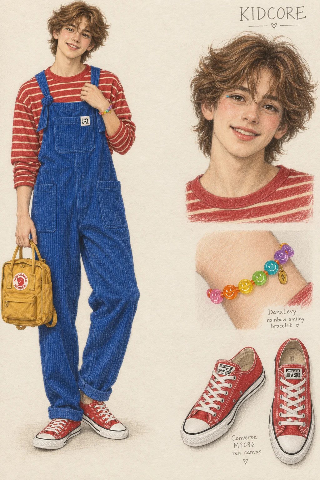Colored-pencil fashion sketch for Kidcore: primary-color corduroy and rainbow smiles, with youthful fictional character and separate face and footwear studies.