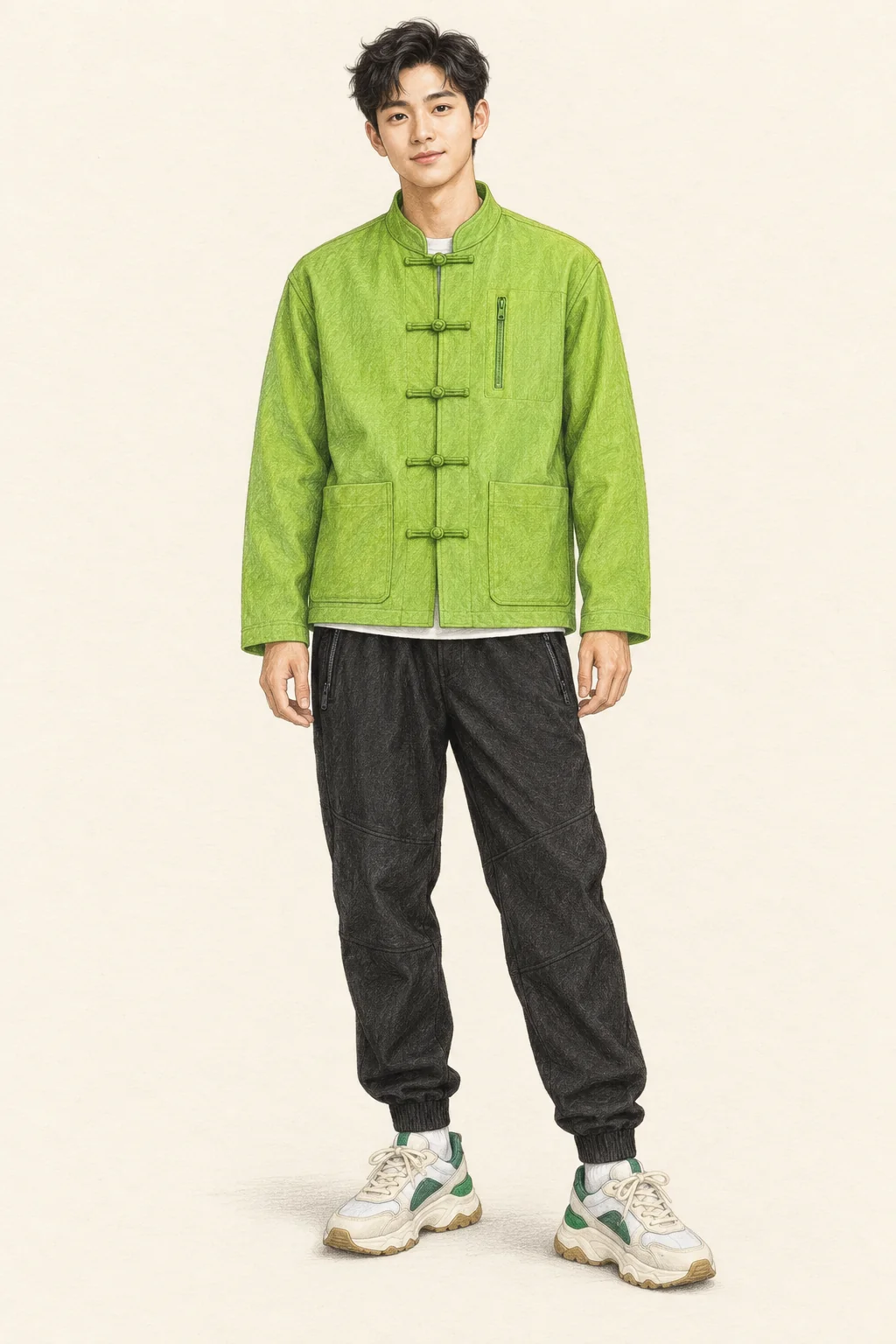 Full-length coloured-pencil portrait of a young adult man in a bright green loop-fastened sports jacket, black joggers and white-and-green trainers.
