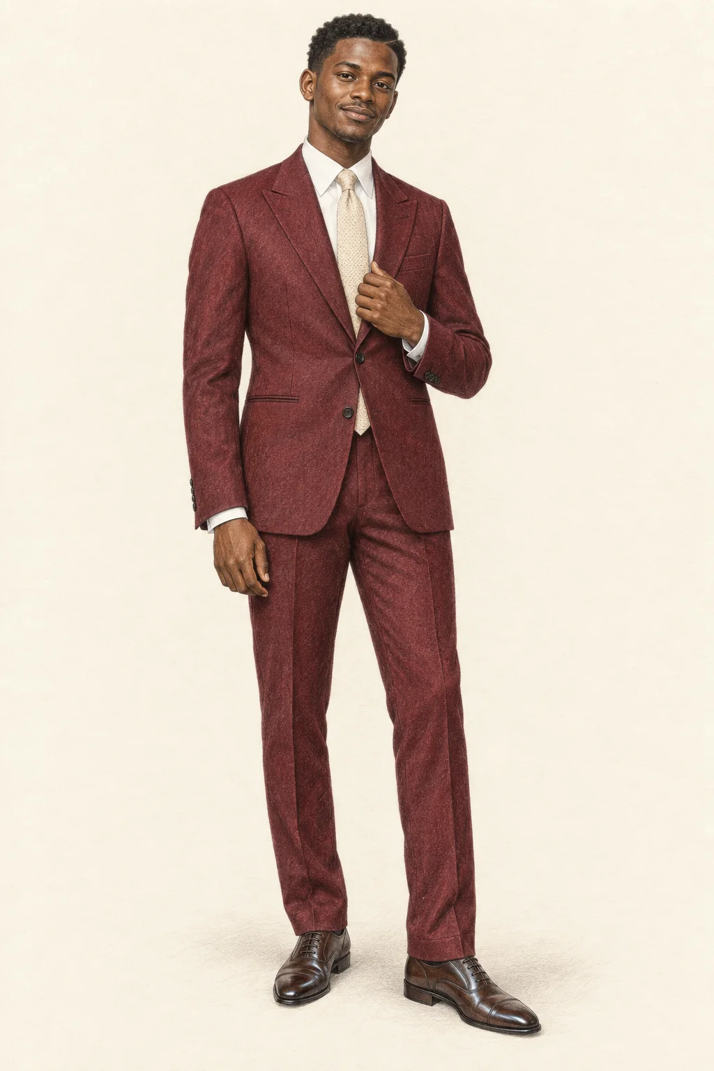 Detailed coloured-pencil full portrait of a young Congolese Black man in a burgundy suit, white shirt, ecru silk tie and brown cap-toe shoes on ivory paper.