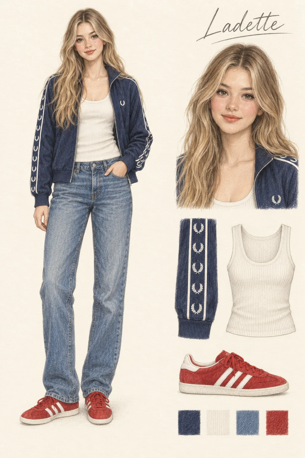 Full-length colored-pencil fashion sketch on warm ivory paper. Youthful soft face, long center-parted honey-blonde waves with slightly darker roots, subtle dark upper lash definition, peach-rose cheeks and brown-rose lips. Portrait and figure agree. Open navy track jacket with pale wreath tapes, off-white rib tank meeting jeans waist, medium-blue roomy straight jeans and scarlet/white low trainers. Complete hair, relaxed hand, pocket-hand position and both entire shoes visible. Separate face and clothing studies at right.