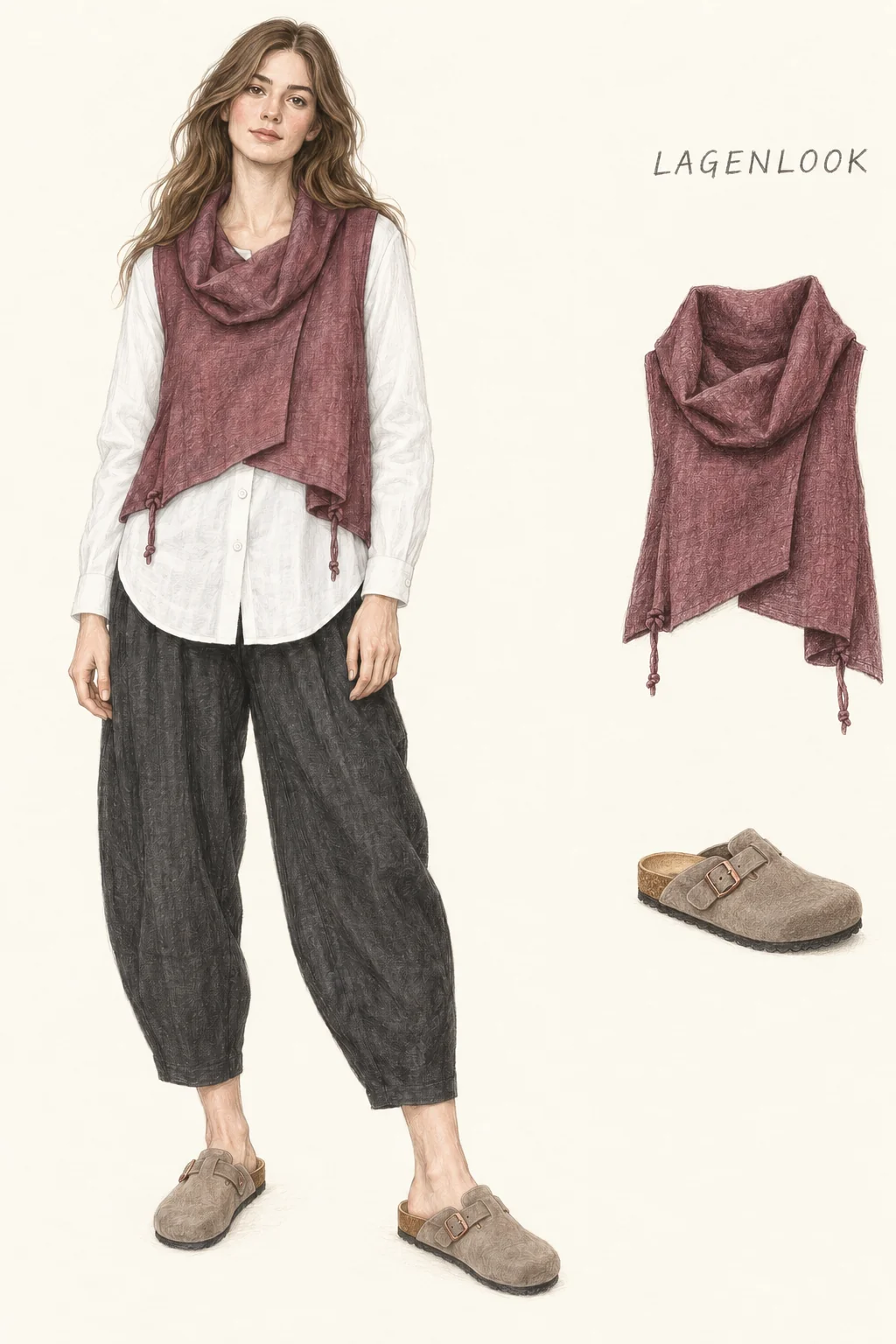 Full-length colored-pencil fashion sketch on warm ivory paper. Youthful rosy soft face and long softly waved brown hair, fine brows and muted rose lips. Slim natural frame with gently drawn ankles beneath loose layers. Wine cowl vest with short uneven hem and ties over a longer white band-collar shirt, roomy black barrel trousers and taupe closed-toe cork clogs. Three visible hem lengths and rounded volume are clear. Exact crop includes whole hair, hands and both soles; detached vest/clog studies and title excluded.