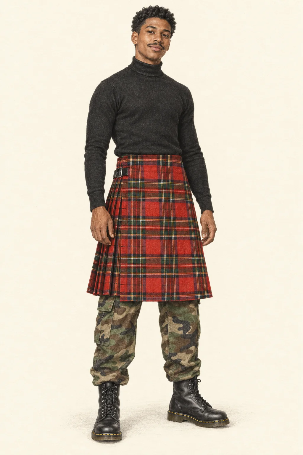 Full-length pencil illustration of a young man in a red tartan kilt layered over camouflage trousers, a black roll-neck and black boots.
