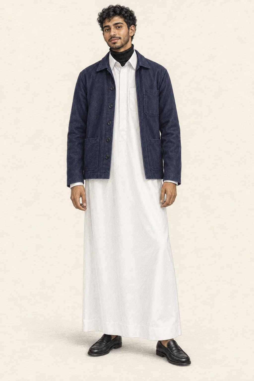 Detailed pencil portrait of a young Saudi man in a white thobe, navy short jacket, black roll neck and low black loafers.