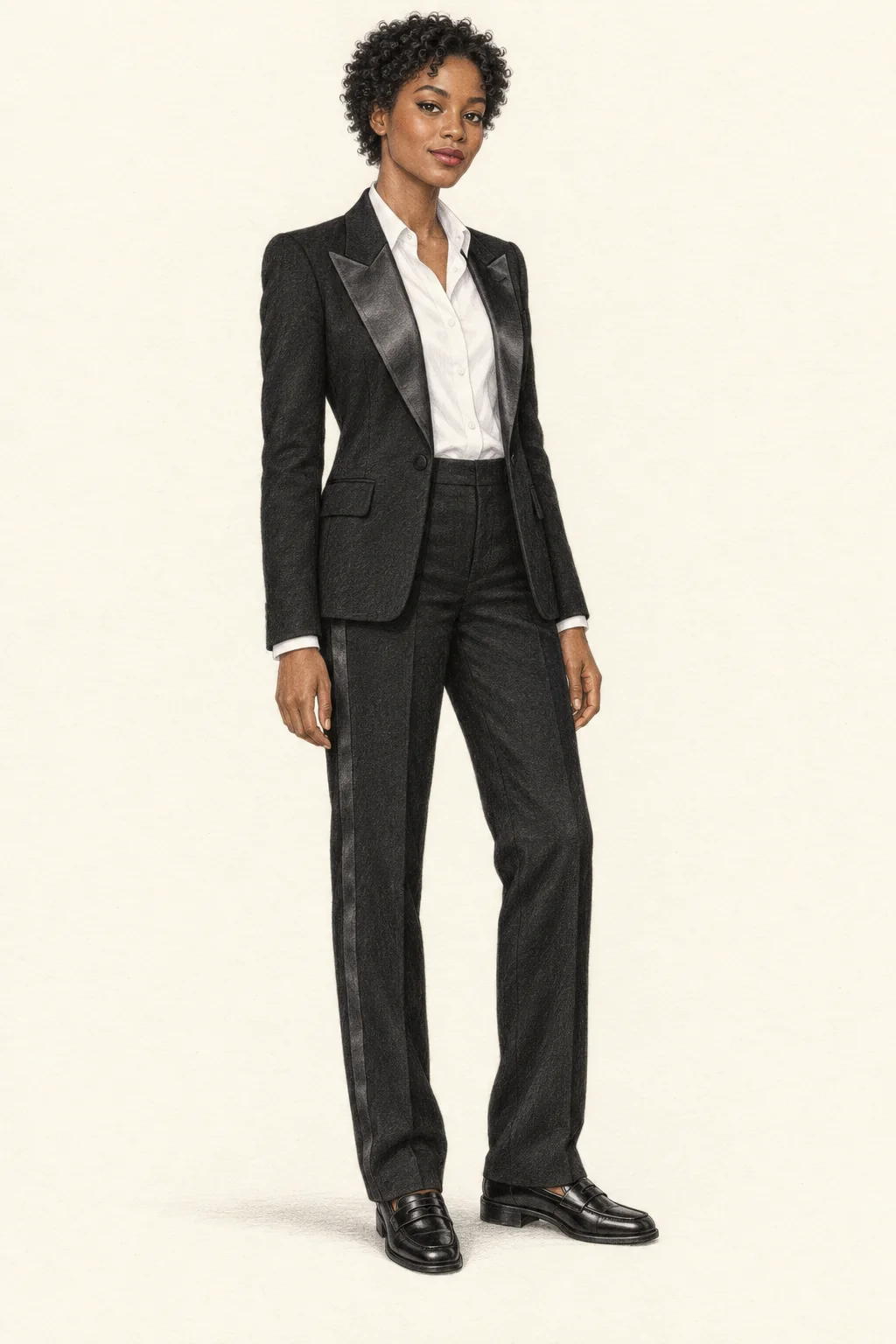 Full figure in a black satin-lapel tuxedo jacket and trousers, white collared shirt and black polished loafers.