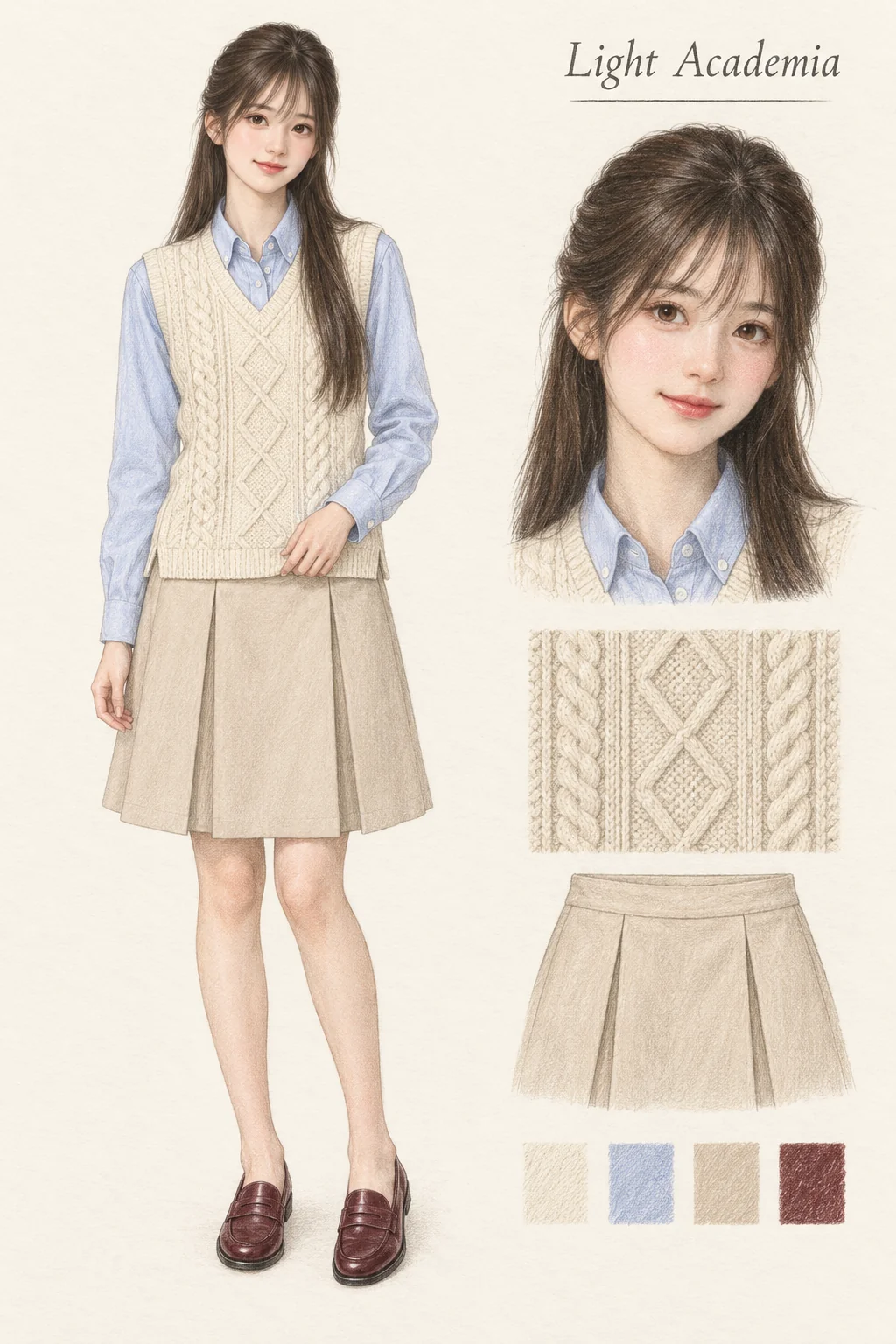 Full-length colored-pencil fashion sketch on warm ivory paper. Youthful East Asian face, long straight half-up dark hair with airy fringe, pink cheeks and rose lips. Natural slender lower legs have soft shading without pronounced muscles. Cream diamond/cable V-neck vest over pale-blue button-down collar shirt, pale beige two-pleat skirt and wine penny loafers. Both hands, all hair and both full shoes are inside the crop; right details remain separate. Separate face and clothing studies at right.