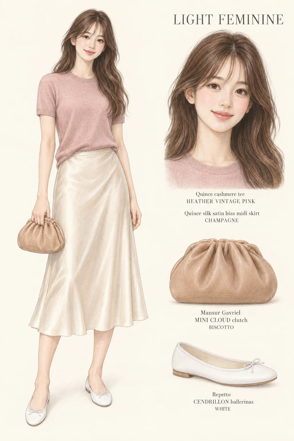 Detailed colored-pencil Light Feminine sheet on warm ivory paper. Dusty pink cashmere, champagne satin and a soft curtain fringe. Complete youthful fictional figure at left with a matching face and item studies at right.