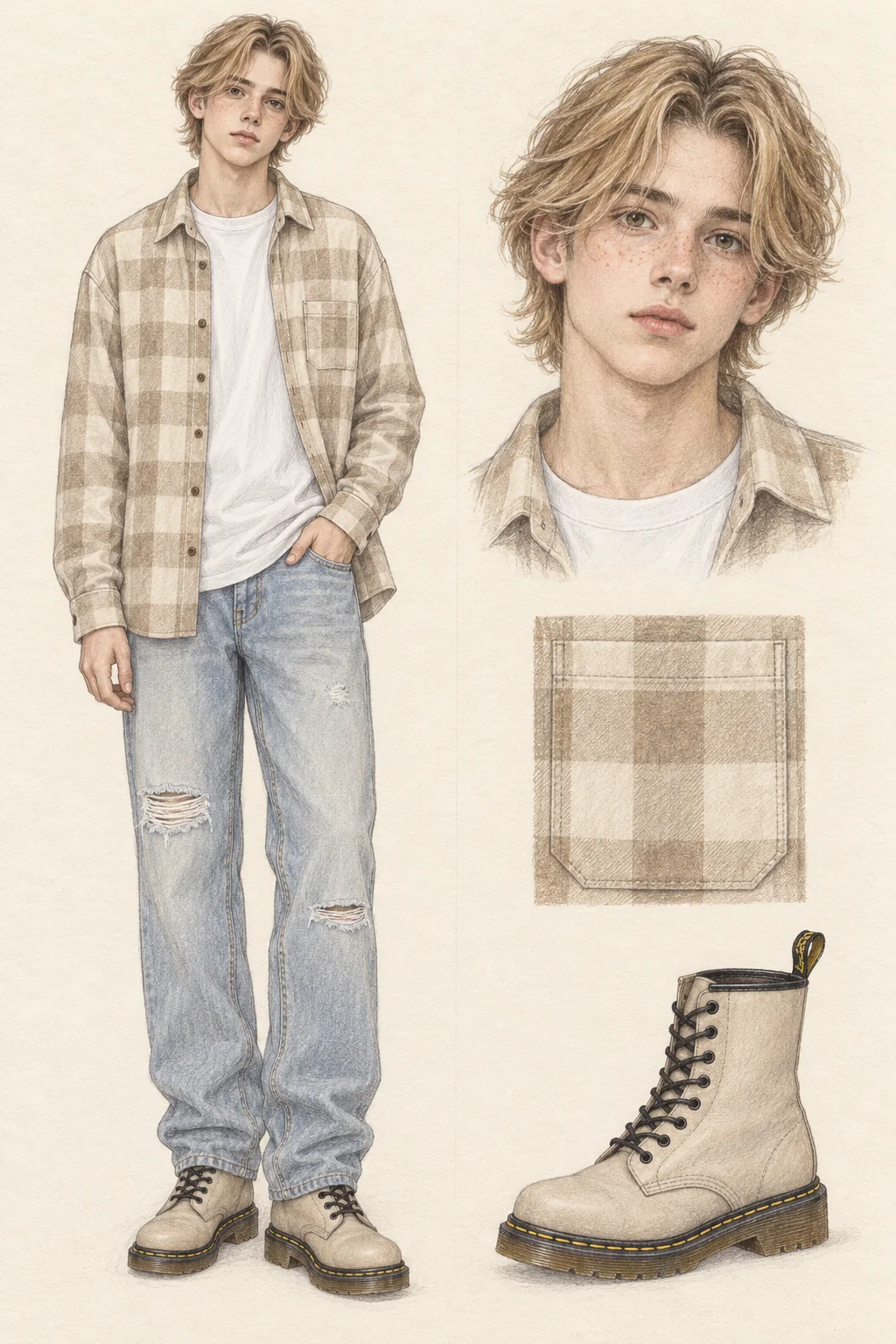 Youthful Light Grungecore fashion sketch: pale flannel, loose faded jeans and parchment boots.