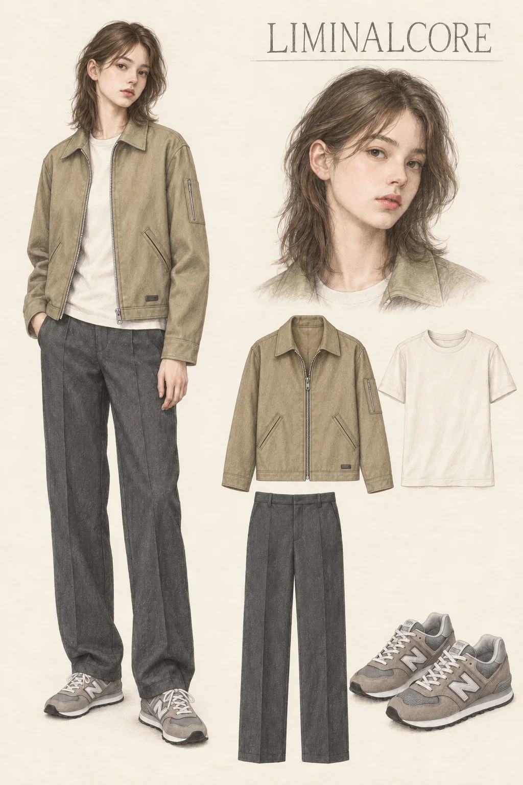 Full-length colored-pencil fashion sketch on warm ivory paper. Youthful soft rounded face, medium softly waved brown hair with parted fringe, natural brows and muted rose lips. Slim natural frame under relaxed utility clothes. Open pointed-collar khaki zip jacket over a plain off-white tee, full straight charcoal trousers and grey mesh/suede trainers. Exact crop preserves full hair, relaxed visible hand, pocket hand, entire jacket and both shoes. One own-draft layout correction creates a clean study gutter.